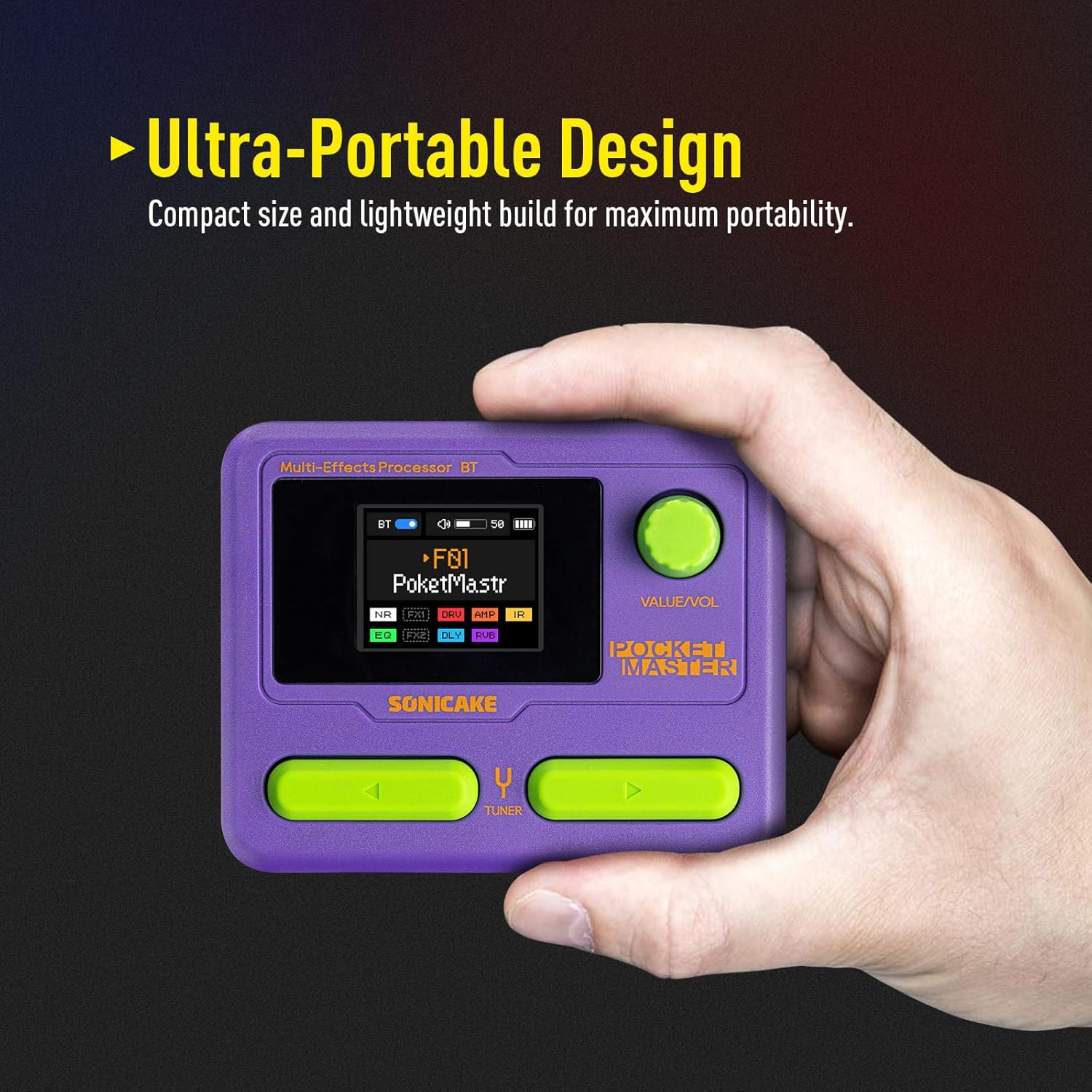 SONICAKE Pocket Master Guitar Bass Amp Modeling IR Cabinets Simulation Multi-Effects with Stereo OTG USB Audio Interface BT Audio 1.77" LCD Color Screen (Purple) - Black / Black image number 2