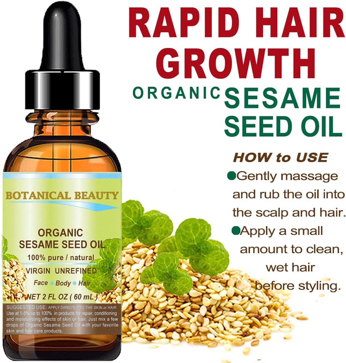 Organic SESAME SEED OIL 100% Pure Natural Virgin Unrefined Undiluted Cold Pressed Carrier Oil for Face, Skin, Body, Hair, Massage, Nails. 2 Fl. Oz - 60 Ml by Botanical Beauty image number 5