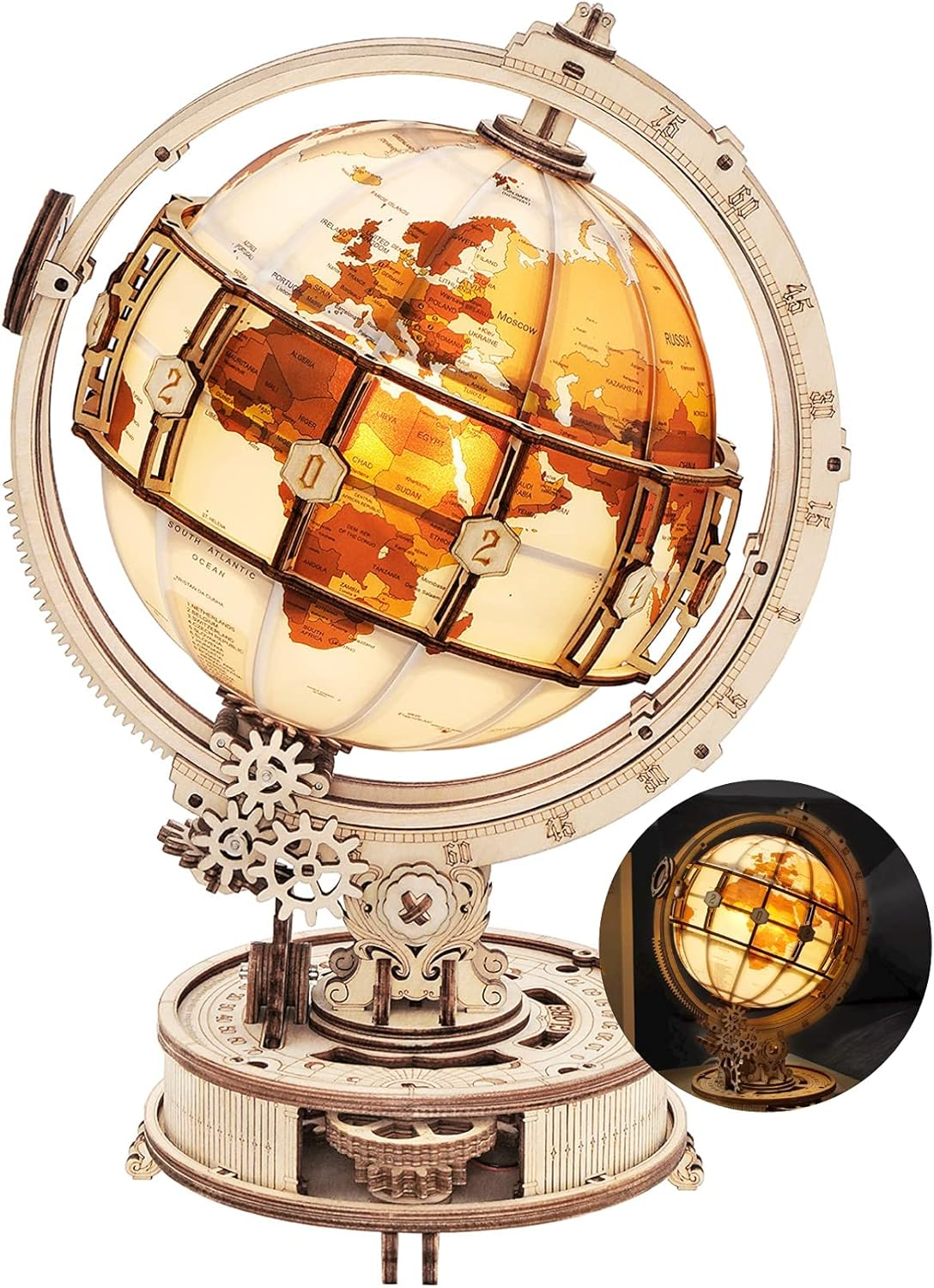 ROKR 3D Wooden Puzzles for Adults Illuminated Globe with Stand 180Pcs 3D Puzzles Built-In LED Model Kit Home Decor Gifts for Teens/Adults image number 3