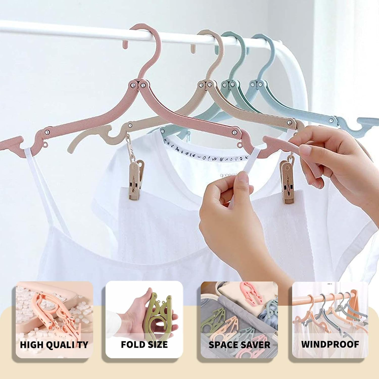 12PCS Foldable Travel Hangers with 24Pcs Clips Portable Folding Clothes Hangers Travel Accessories Foldable Clothes Drying Rack Dorm Hangers Space-Saving Collapsible Plastic Clothes Hangers image number 3