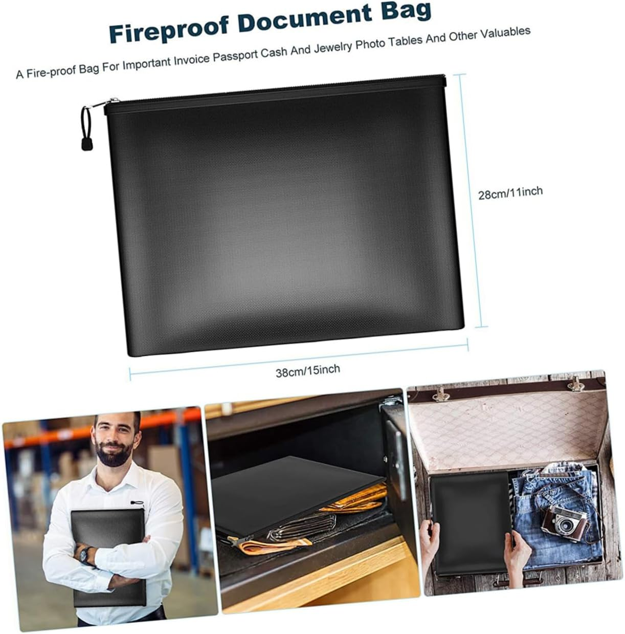 STAHAD Fireproof Document Bag Waterproof Zippered Organizer 29X20.5Cm Fire-Resistant Money Holder for Important Paper Storage Home Office Use image number 4