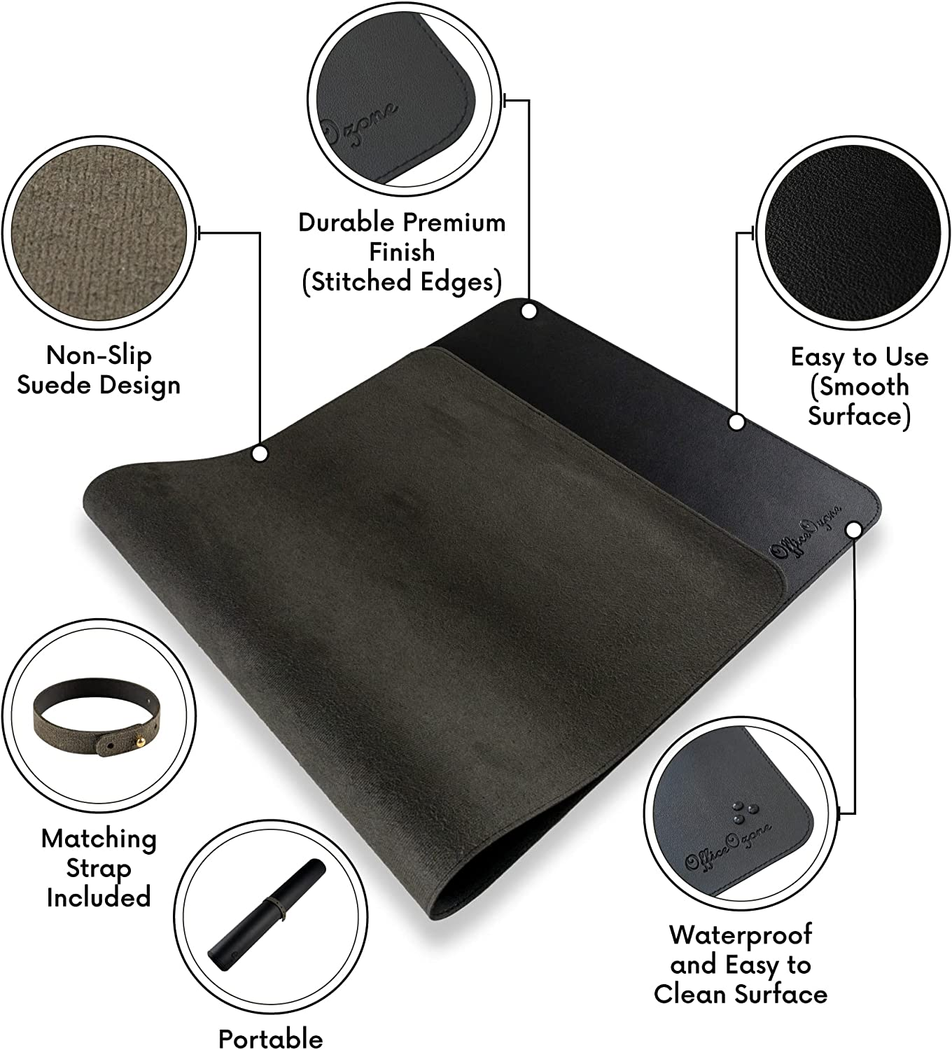 Officeozone Desk Mat with All-New Edge Stitch, Synthetic Leather, Non-Slip Suede Base, Black, 80Cm X 40Cm