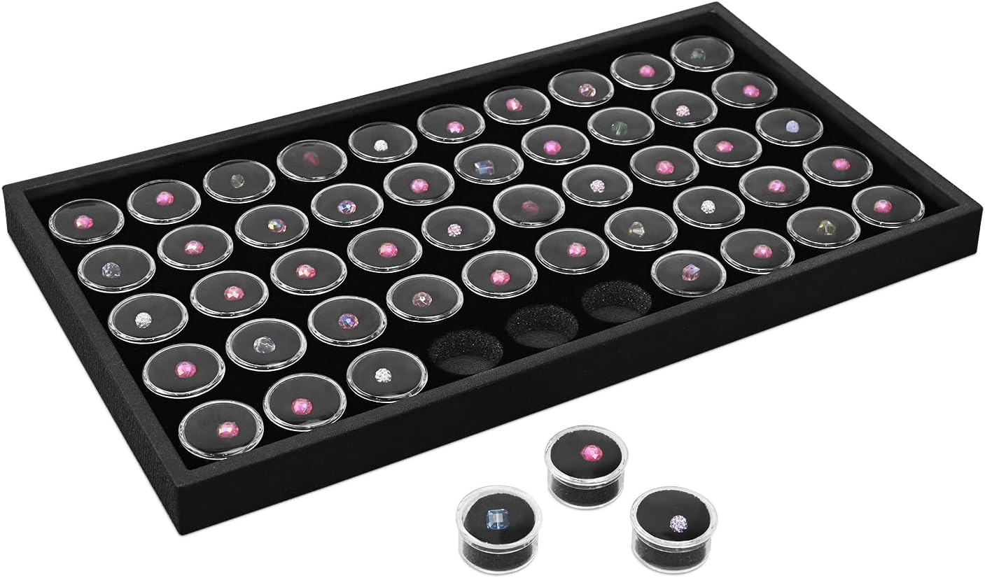 Ikee Design Black Foam Gem Jars Showcase Stackable Display Tray for Collectibles, Home Organization Storage Box with 50 Gemstones and Bead Storage Jars
