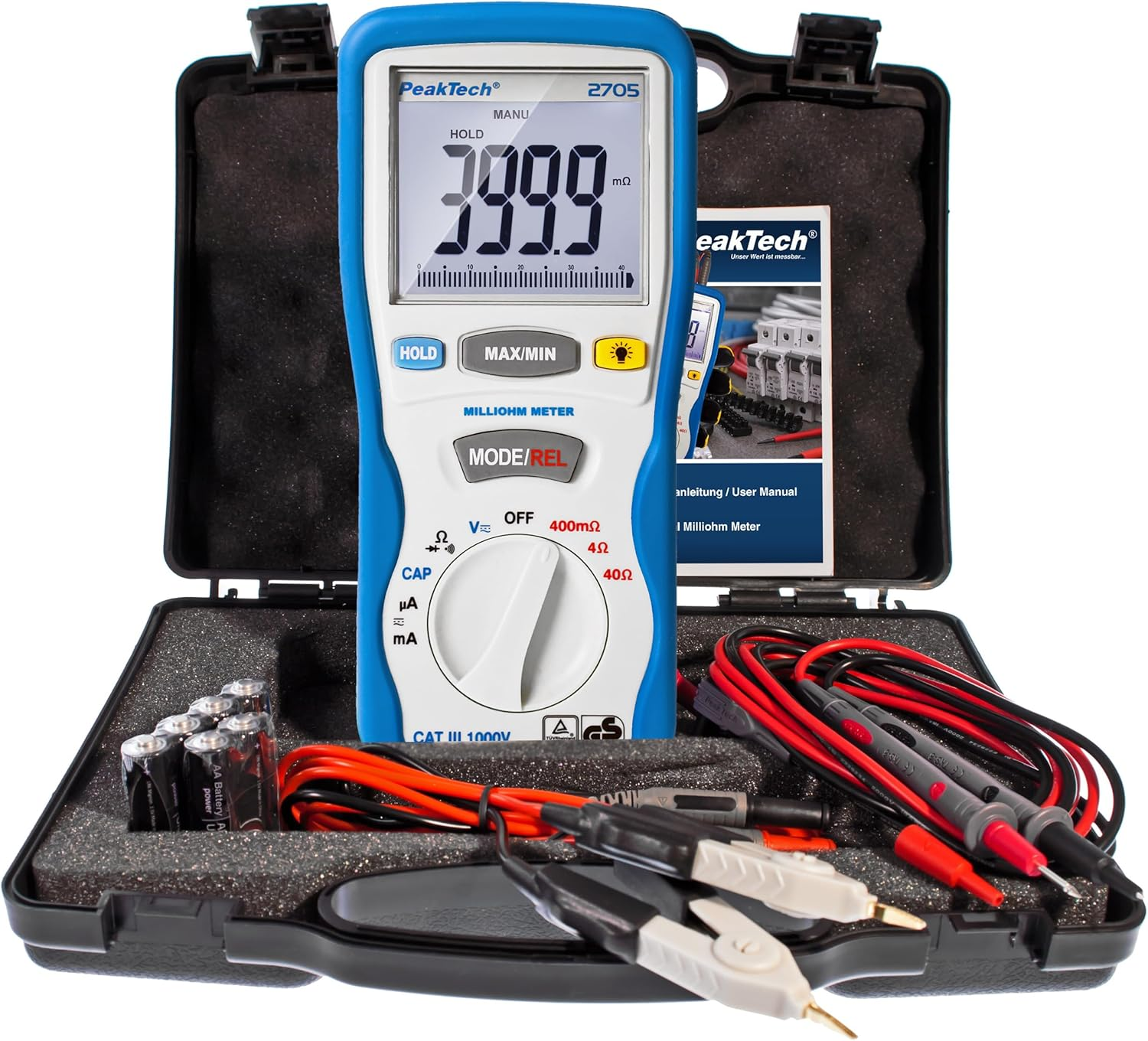 Peaktech 2705 Digital Milliohmmeter with 4-Pin Kelvin Test Leads, Resistance Measurements, T&Uuml;V/GS, Milliohm Meter, Current, Tester, Multimeter, Continuity Tester, CAT III 1000 V, P 2705 image number 3