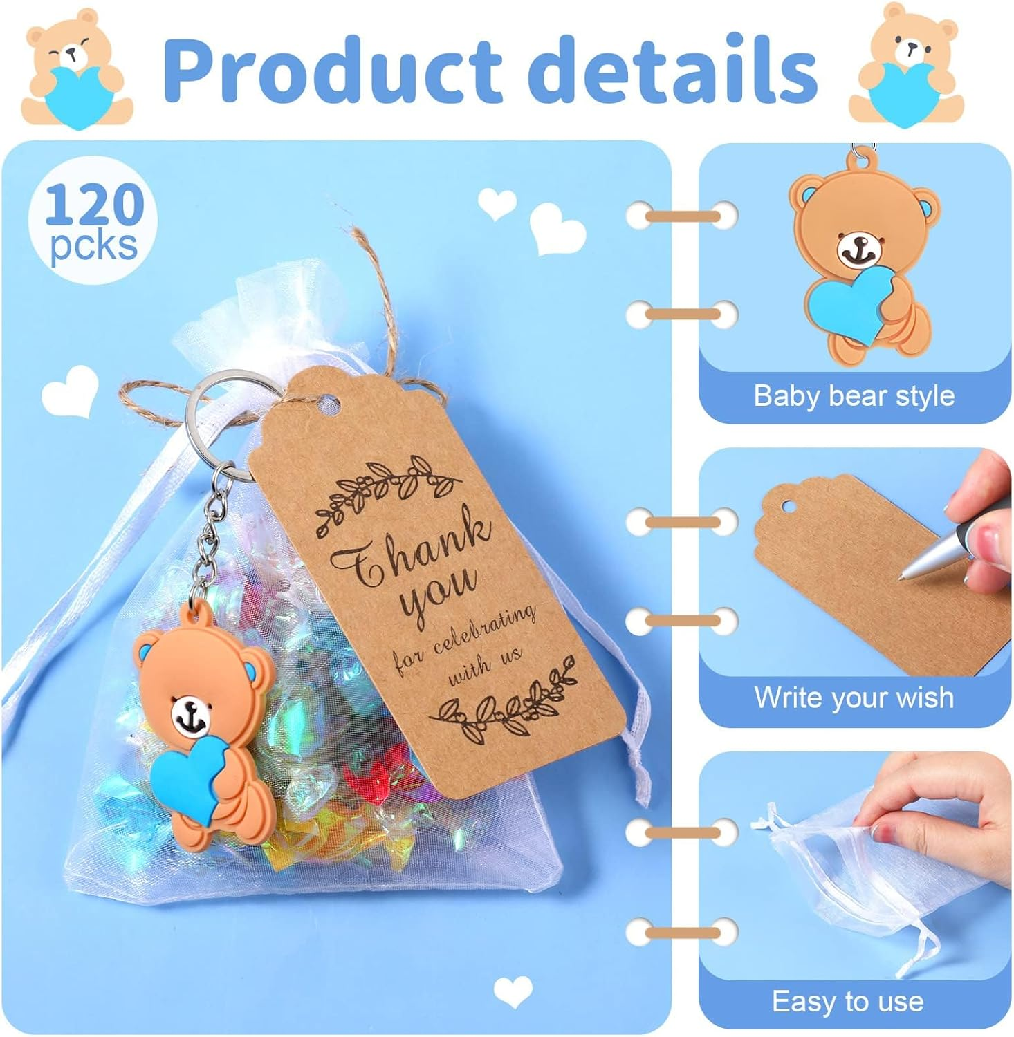 120 Pcs Bear Baby Shower Favors Bear Party Favors, Cute Keychain with Organza Bags Thank You Kraft Tags and Rope for Guests Girls Boys Birthday Party Supplies Decorations (Blue, Cute)