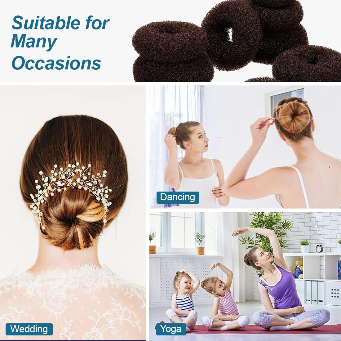 KIRZAX 7-Piece Doughnut Hair Bun Maker Set with 5 Elastic Hair Bands, 20 U-Shaped Hair Clip, Hairpin, Bun Aid Updo Accessories, Bun Maker for Children, Girls, Women (Brown) image number 2