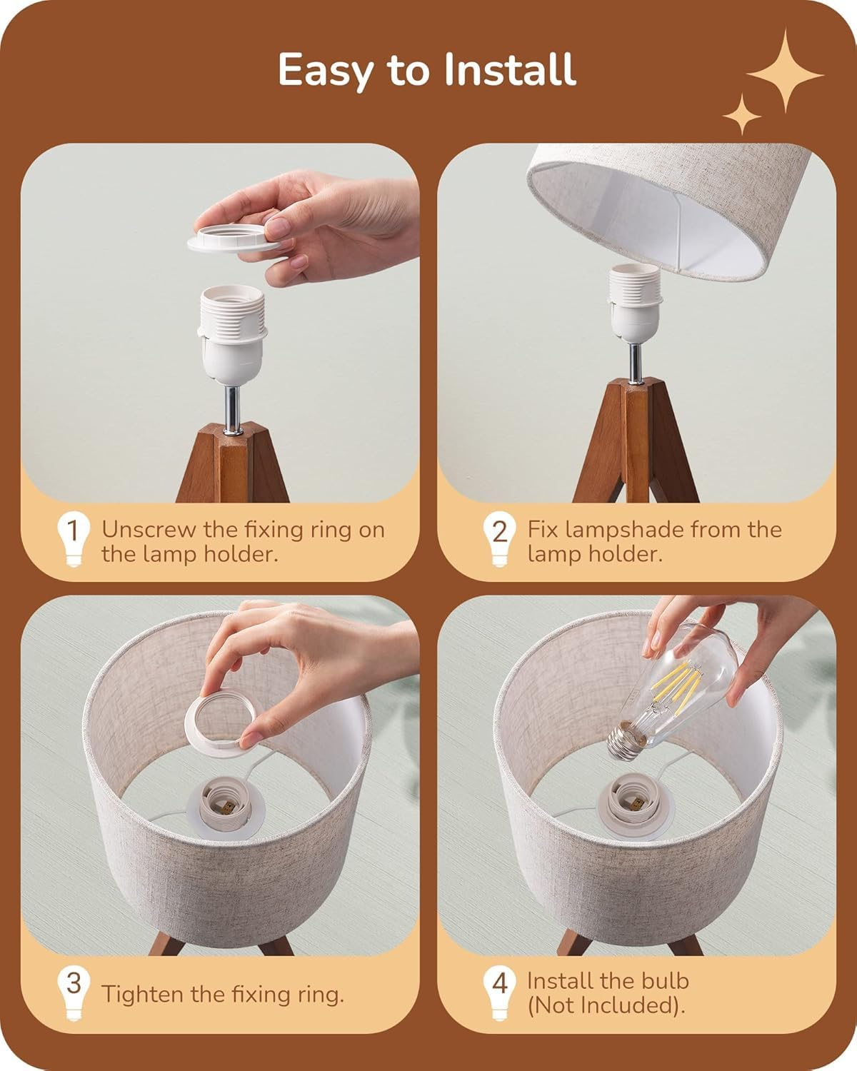 Telfun Tripod Table Lamp, Small Cute Bedside Lamp with Linen Beige Lampshade, Nightstand Lamp for Nursery, Bedroom, Kid Room, Living Room, Light Brown Wooden Base, AU Plug image number 2