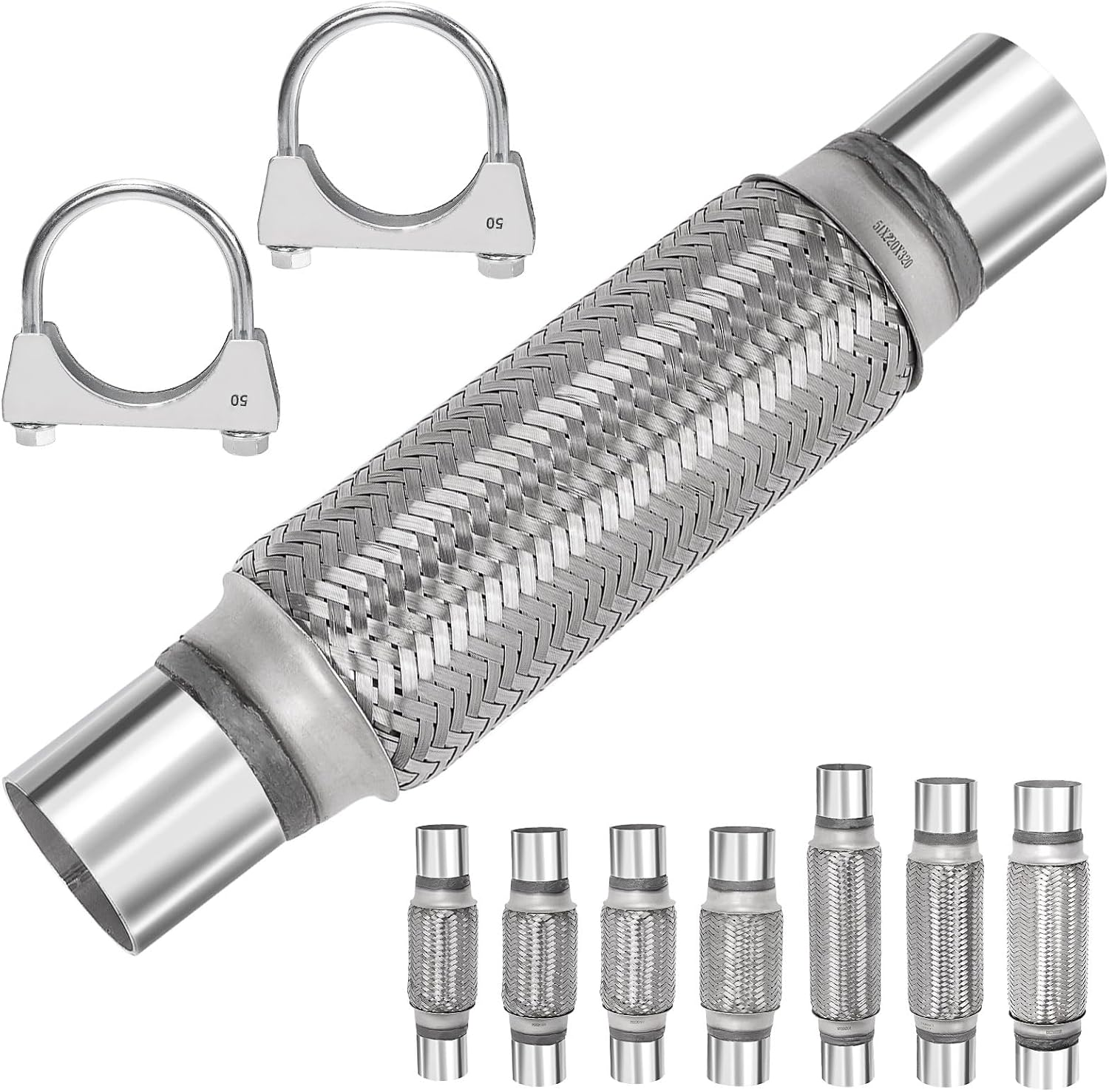 3Pcs Exhaust Flex Pipe Heavy Duty Stainless Steel Exhaust Flex Pipe Double Braid Exhaust Flex Tube U-Bolt Clamp Stainless Steel Muffler U-Bolt Clamps for Cars Trucks Buses Pipes(2" X 8" X 12") image number 6