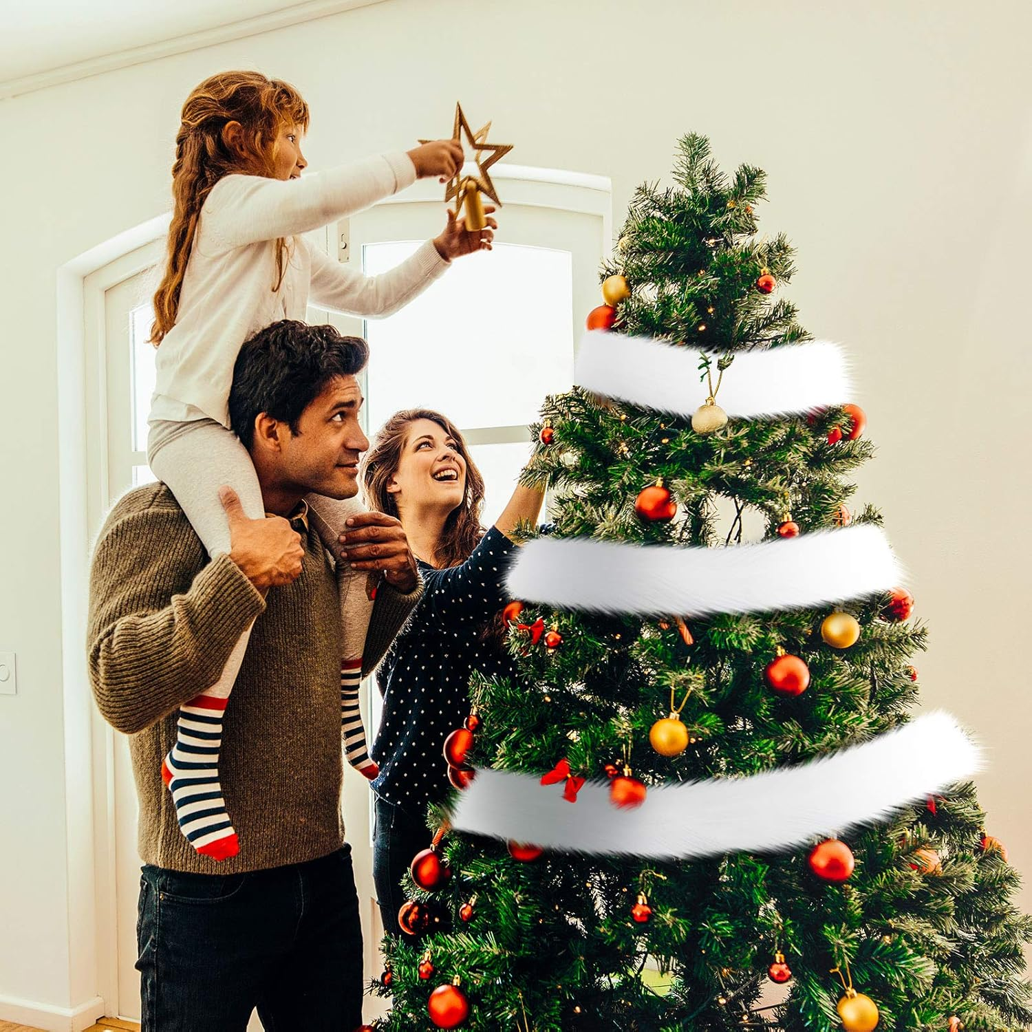 Syhood 2 Inches Wide Christmas Faux Fur Ribbon Trim Fabric Roll for Christmas Tree Decor or Wreath Bows Craft, 3 Yards Long (White) image number 2