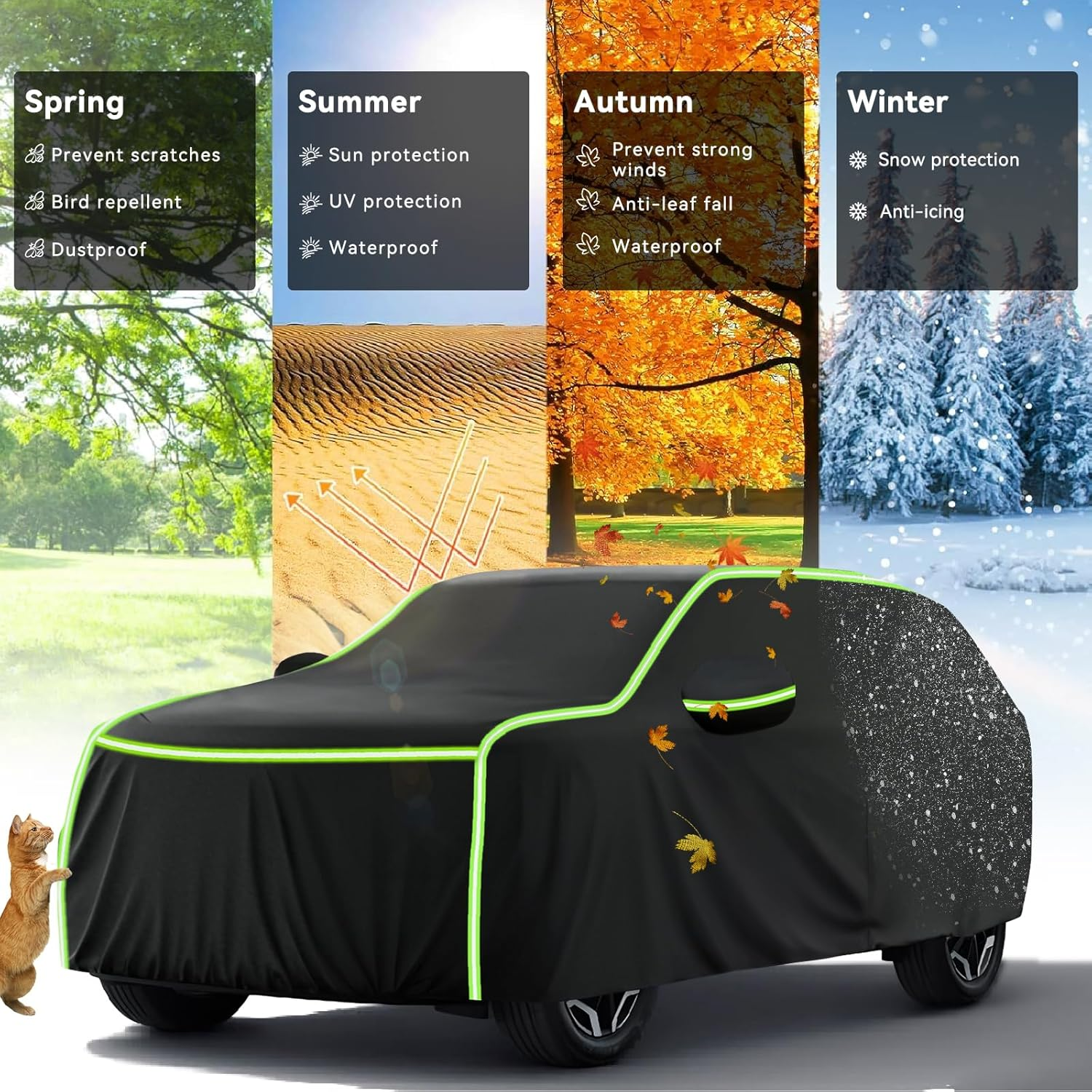 Velomira SUV Car Cover, Waterproof with Cotton Lining, Zippers & Reflective Strips Uv-Resistant, Snowproof, Scratch-Resistant, Outdoor Use Compatible with Models Measuring 520X200X180Cm (Black Green)
