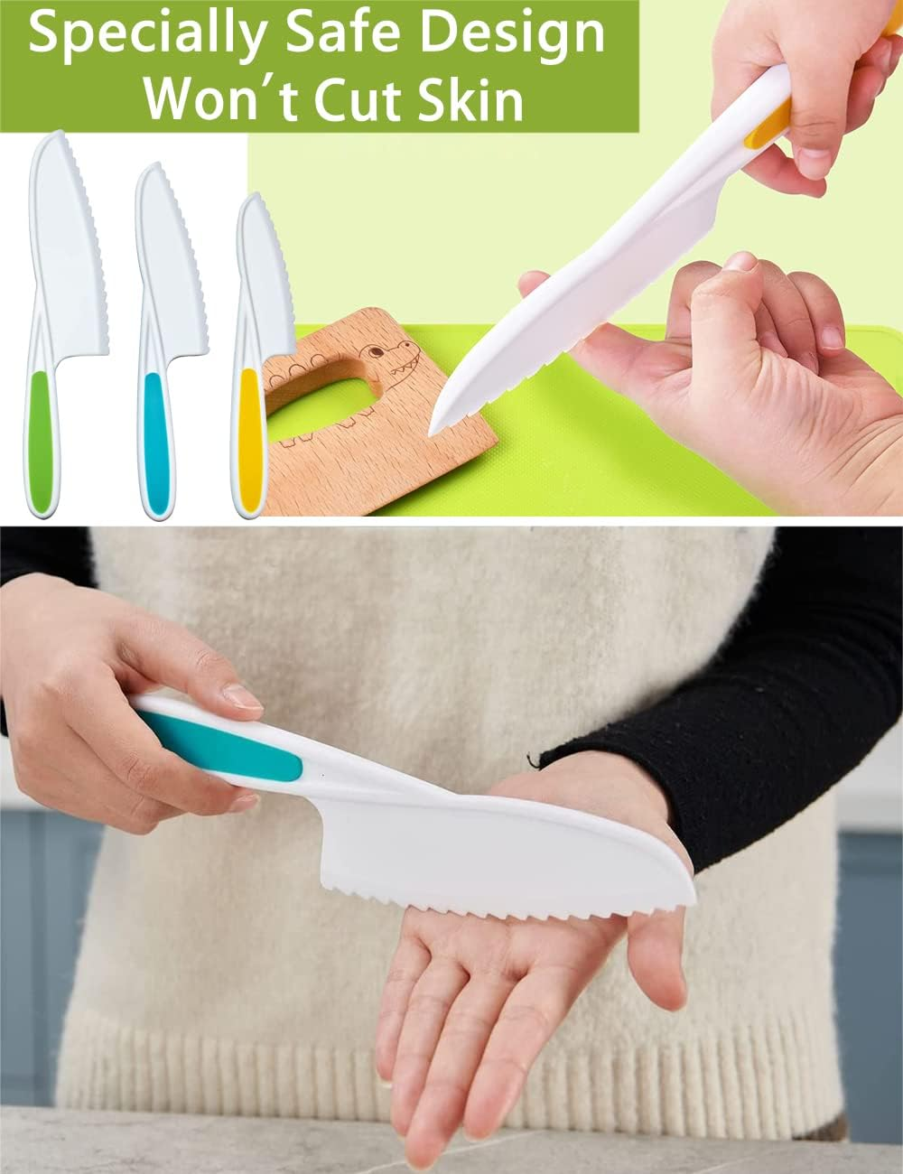 8PCS Kids Knife Set, Plastic Kids Knife Safe for Cutting Veggies Fruits,Kids Kitchen Knives Set Include 4 Plastic Toddler Safe Knives/Crinkle Cutter/Kids Cutting Wooden Board/Y-Peeler/Apron (PK) image number 4