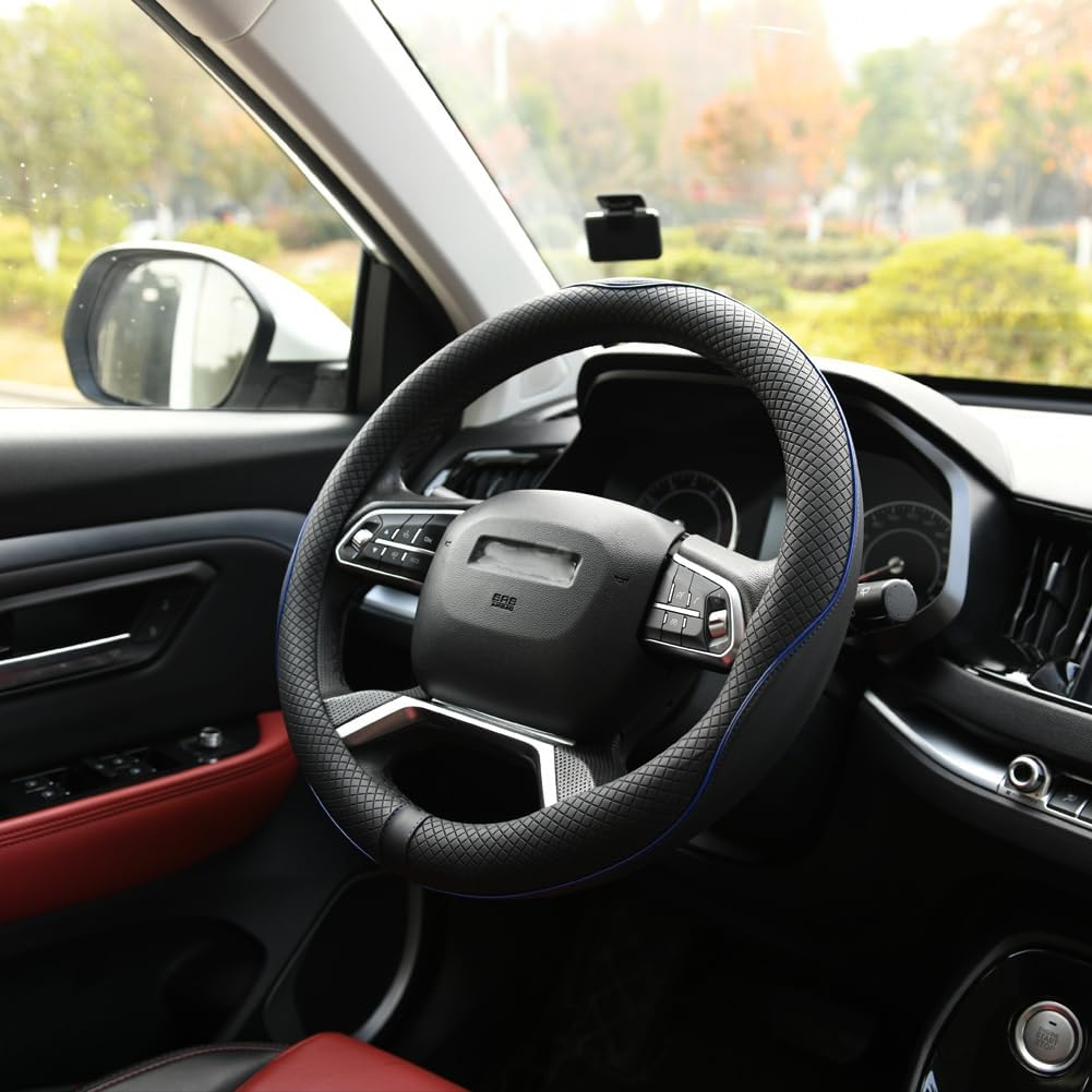 Valleycomfy Car Steering Wheel Covers 37-39 Cm Steering Wheel Cover Faux Leather Universal Breathable Anti-Slip & Odour-Free Black with Blue Line