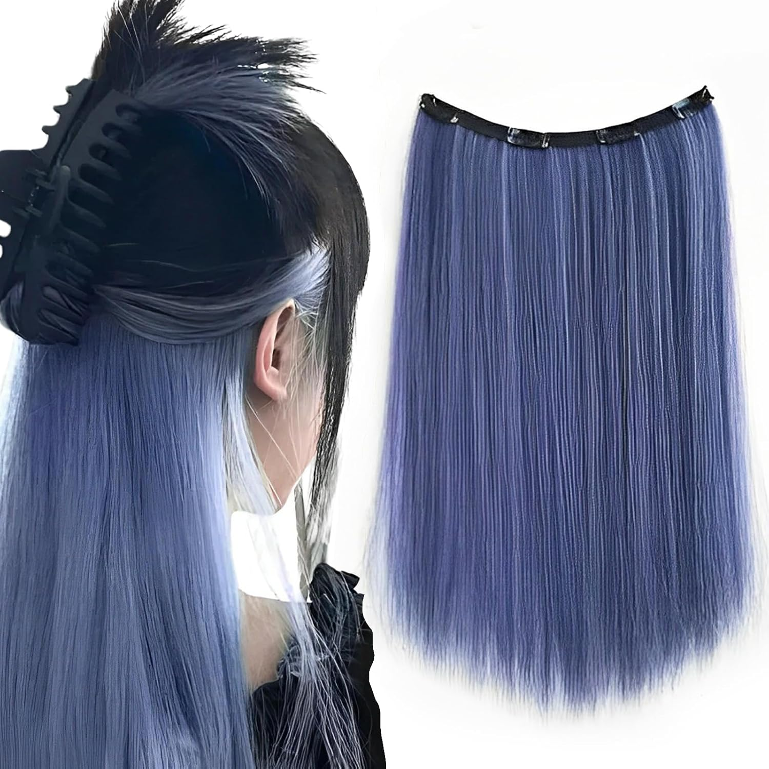 DBAILY Clip in Hair Strands, Clip-In Extensions, Hair Accessories Women, Wig Blue, Hair Strands for 50 Cm, 60 G, Grey Blue image number 4