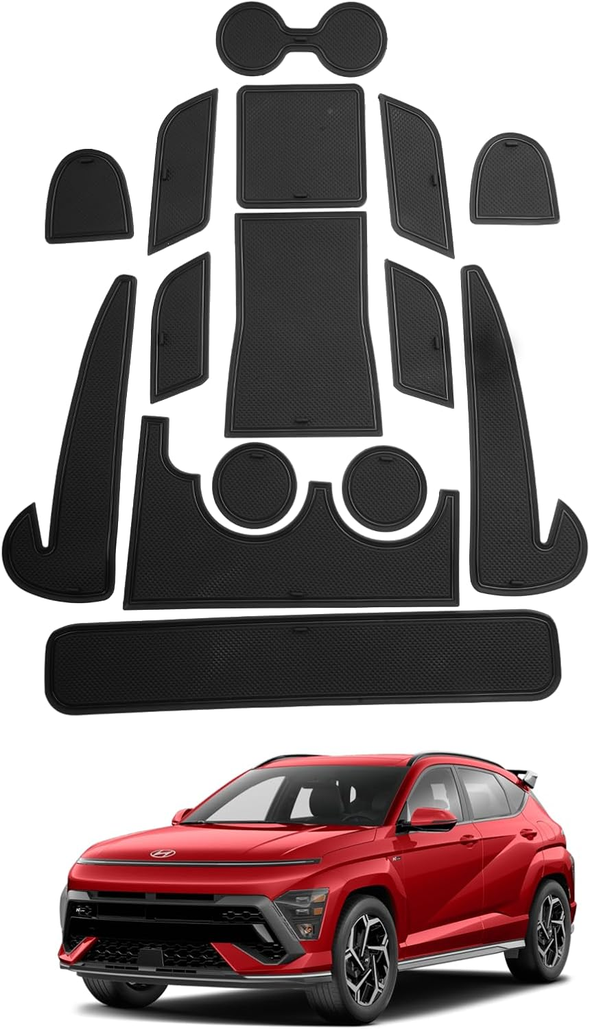 SHAOHAO Compatible with Hyundai Kona SX2 2024 2025 2026 Rubber Mats Centre Console Non-Slip Mats Drink Holder Mat Door Slot Mat Storage Box Hyundai Kona Accessories Red