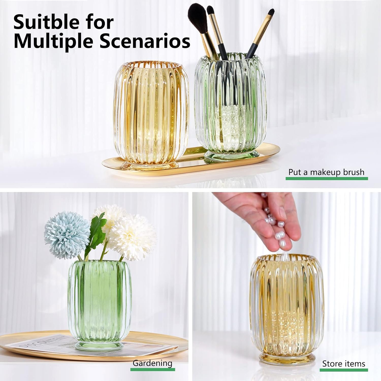 DASITON Makeup Brush Holder Organizer,Crystal Cosmetic Makeup Brush Glass Brushes Storage Holder,Vintage Make up Brush Cup Striped Vase(Green) - Amber image number 5