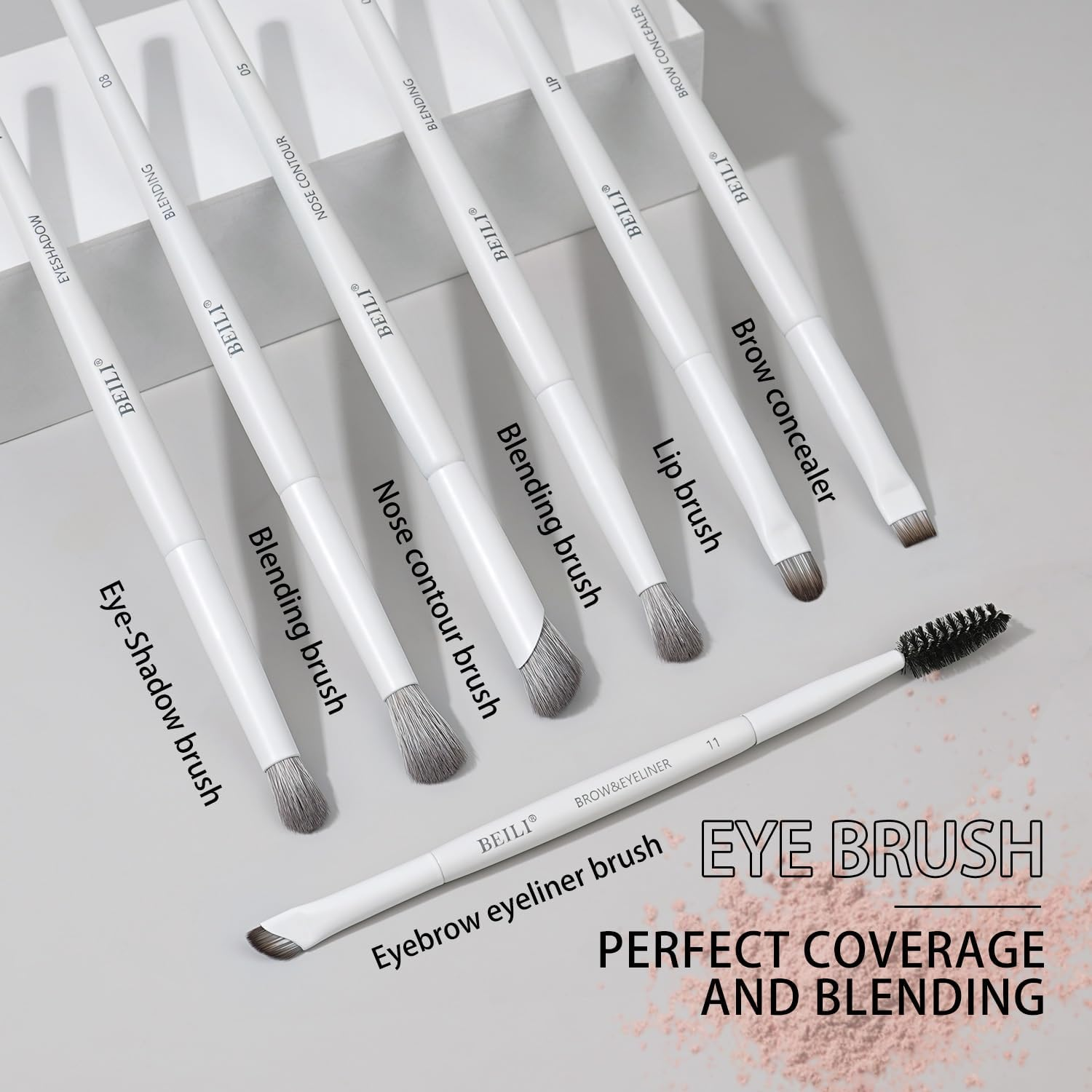 BEILI Makeup Brush Set,White Makeup Brush Set, 12 Vegan Makeup Brushes for Powder Foundation, Concealer, Eyebrows, Eyeshadow, Contour, Eyeliner, Blender Eye Brush (White) image number 3
