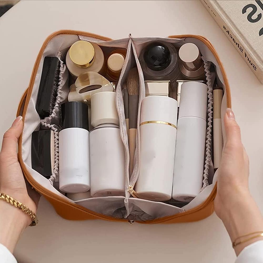 RUTREZOGO Large Capacity Travel Cosmetic Bag &ndash; Waterproof PU Leather Makeup Bag with Handle and Divider, Multifunctional Portable Storage for Skincare, Toiletries, and Cosmetics (Coffee) image number 1