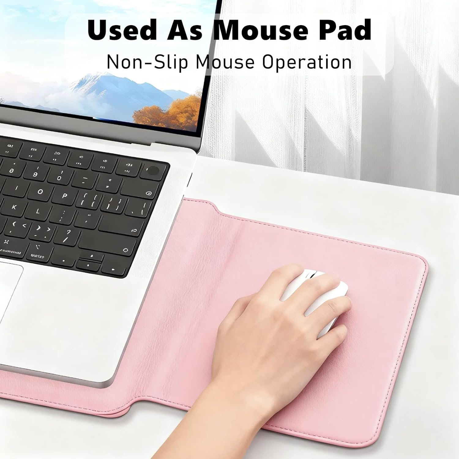 3-In-1 New Leather Laptop Sleeve Cover, with Stand Mouse Pad & Small Bag, Notebook Computer Protective Cover Slim Case for Macbook Air/Pro HP Dell ASUS Lenovo (13/14 Inch, Pink) image number 4
