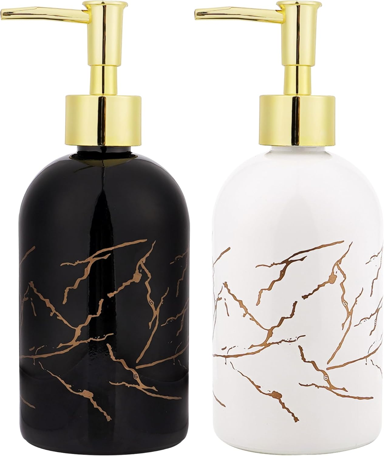 DODAMOUR 2 Pack Glass Soap Dispenser with Gold Pump, 410 ML Aesthetic Soap Pump Bottle Set, Decorative Refillable Liquid Dispensers for Vanity, Kitchen Sink, or Bathroom Countertop (Black, White)