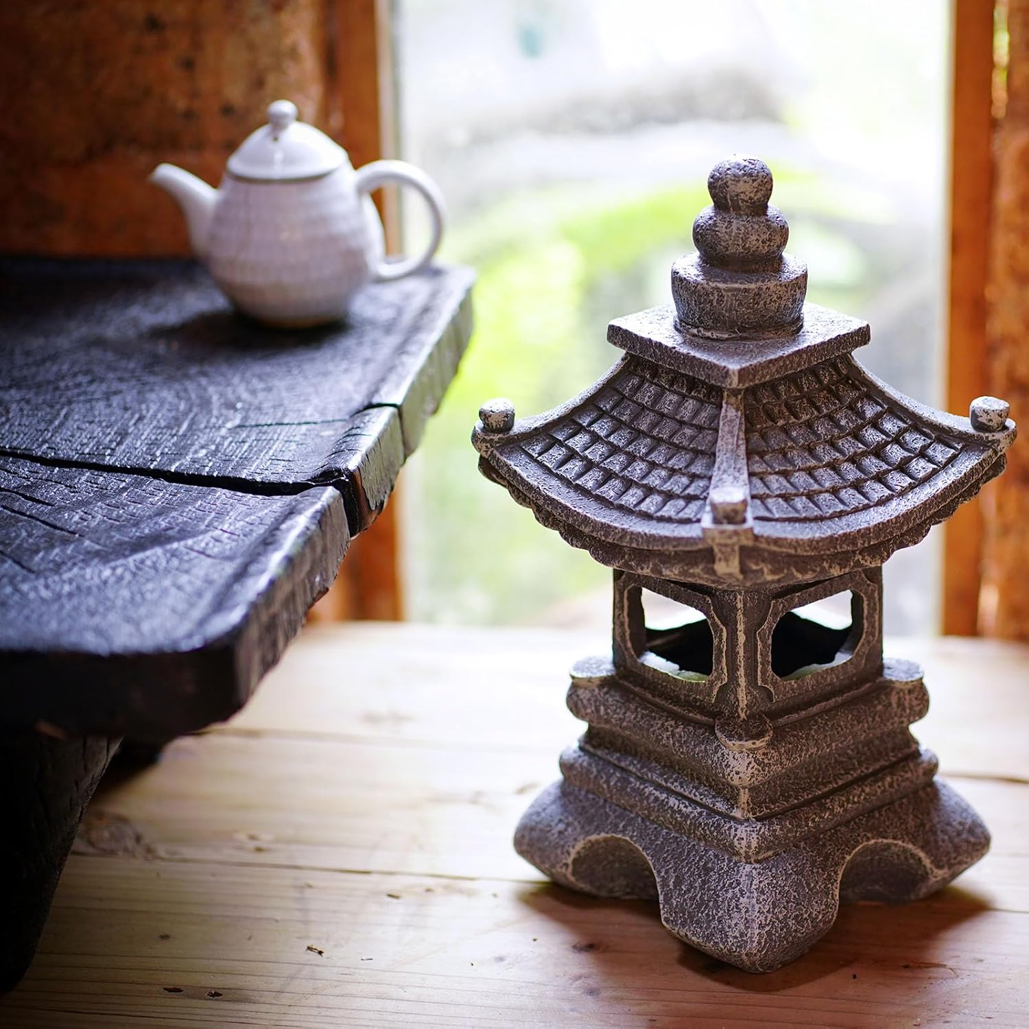 Gardenfans Solar Pagoda Lantern Garden Statue LED Light Outdoor Zen Garden Japanese Lantern for Landscape Balcony Patio Porch Yard Art Decor 6.7" H Gray Stone Finish image number 3