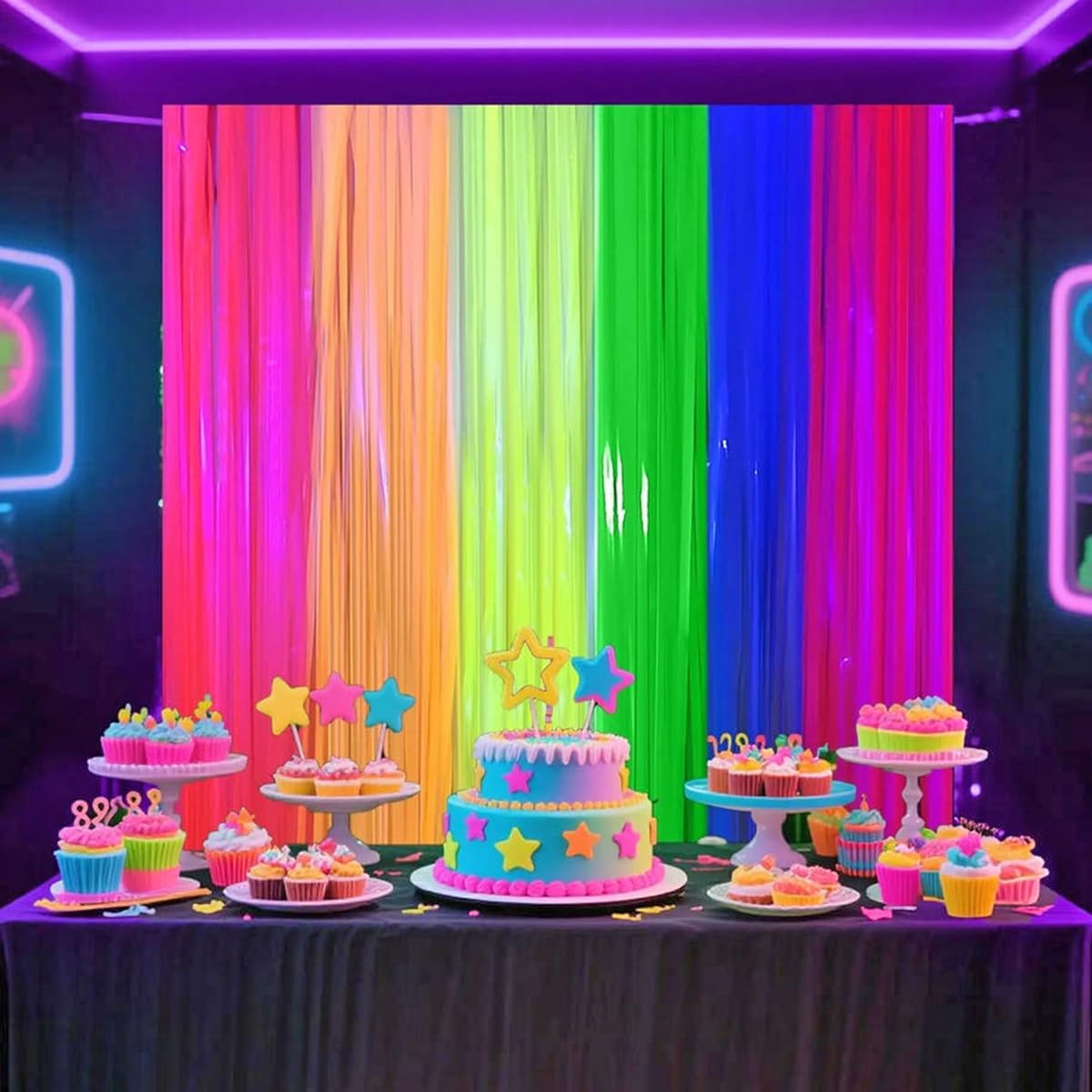 3Pack Matching Foil Fringe Curtain Backdrop Glow in the Dark Party Supplies Fluorescent Macaron Tassel Curtain Photo Booth Props Background Streamers Party Decoration image number 1