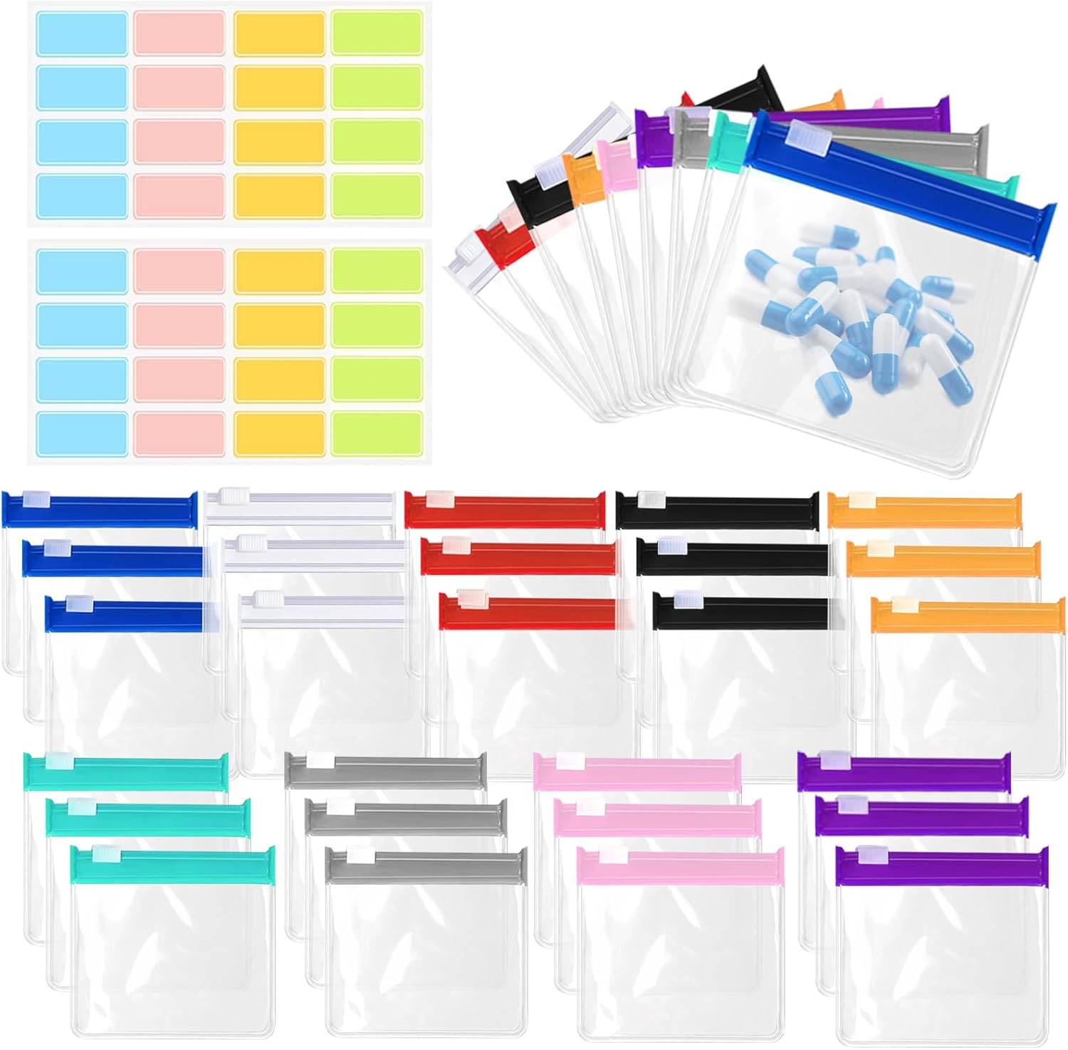 29 Pcs Reusable Zippered Pill Pouch Set, Small Portable Baggies, 27 Plastic Pouches with 32 Labels, Medicine Organizer for Small Items Storage (Colorful) image number 5