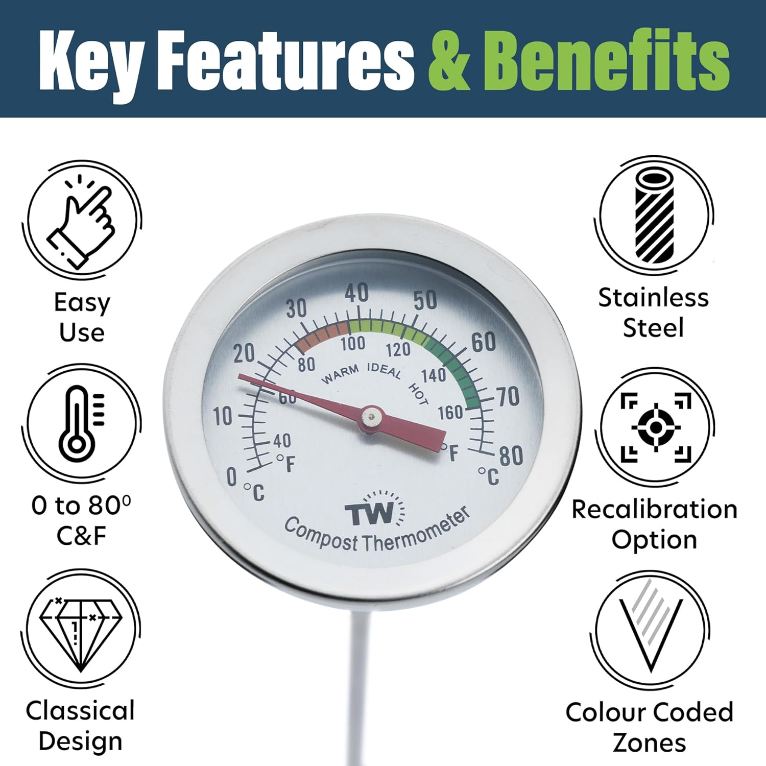 Compost Thermometer - Stainless Steel Dial Thermometer for Home and Backyard Composting - 50Mm Diameter C&F Dial, 295Mm Temperature Probe image number 2