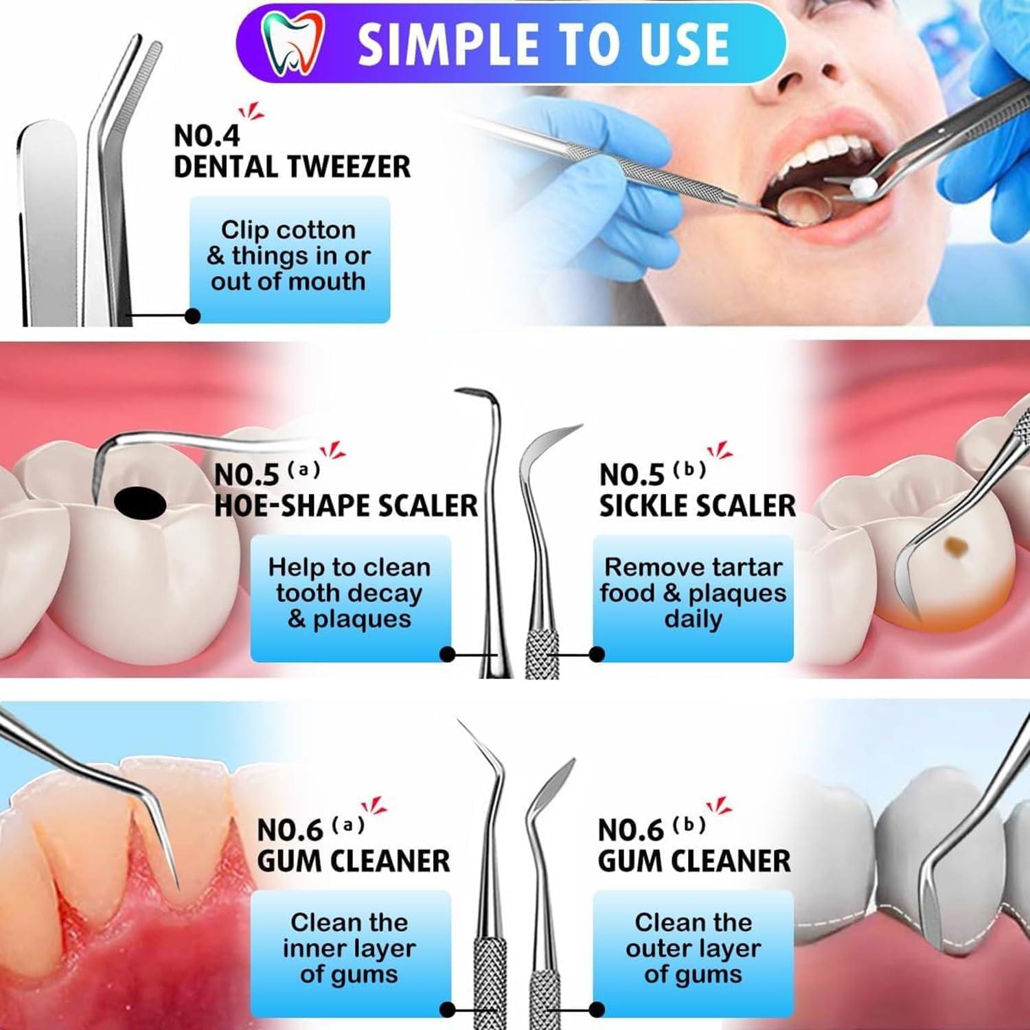 6-Piece Dental Tools, Dental Pick Teeth Cleaning Tools, Dental Hygiene Kit, Plaque Remover for Teeth, Professional Stainless Steel Tooth Scraper Plaque Tartar Cleaner - with Case image number 5