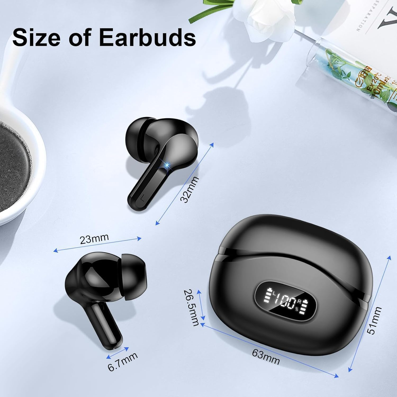 Wireless Earbuds, Bluetooth Headphones 5.4 Hifi Stereo, Ear Buds with 4 ENC Noise Cancelling Mics, 48H Bluetooth Earbuds with Dual LED Display, IP7 Waterproof in Ear Earphones for Android Ios, Black image number 5