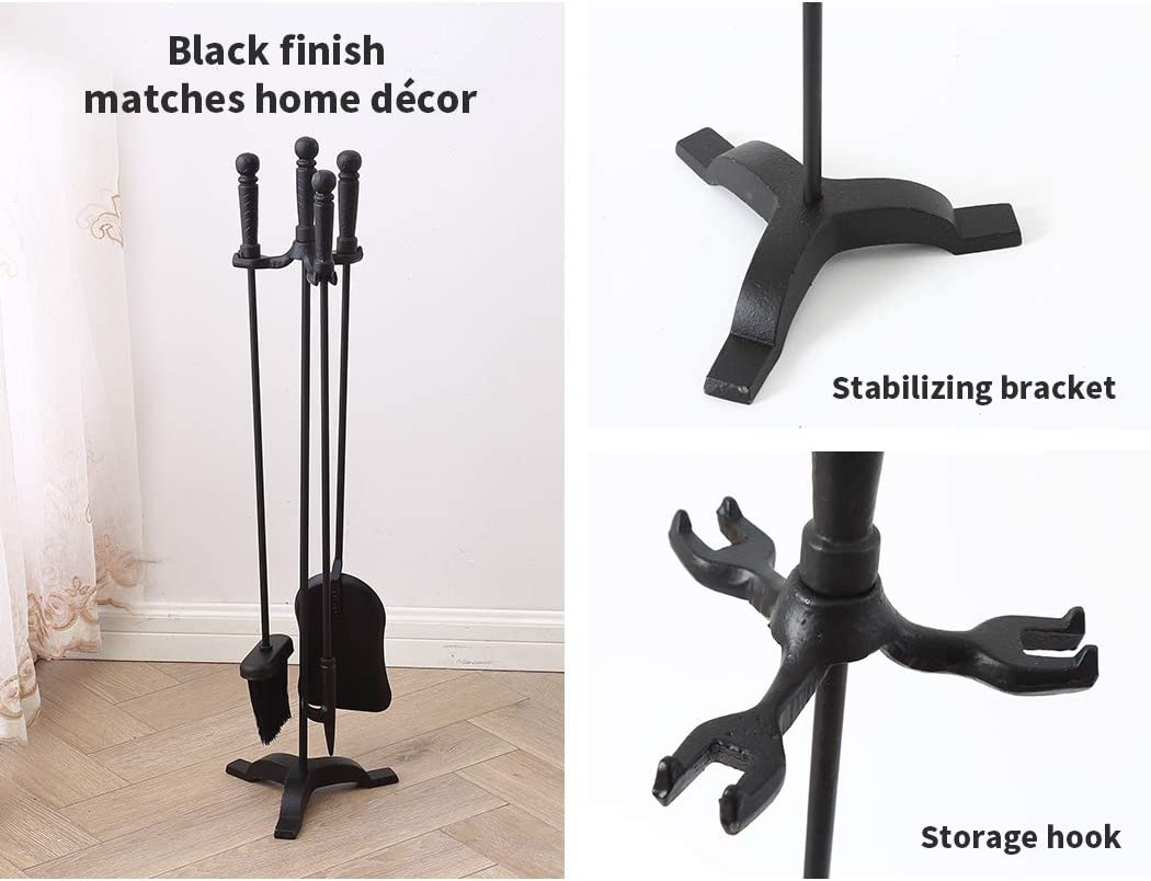 Traderight Fireplace Tool Set with Stand, 4PCS Cast Iron Firepit Tools Accessories Fire Place Poker Brush Shovel Stand image number 5