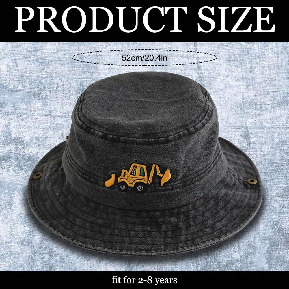 Excavator Embroidered Kids Sun Hat for Boys Girls UPF 50+ Cotton Washed Bucket Cap Wide Brim Toddler Fishing Hat Summer Beach Hat Safari Hat - Washed Red image number 4