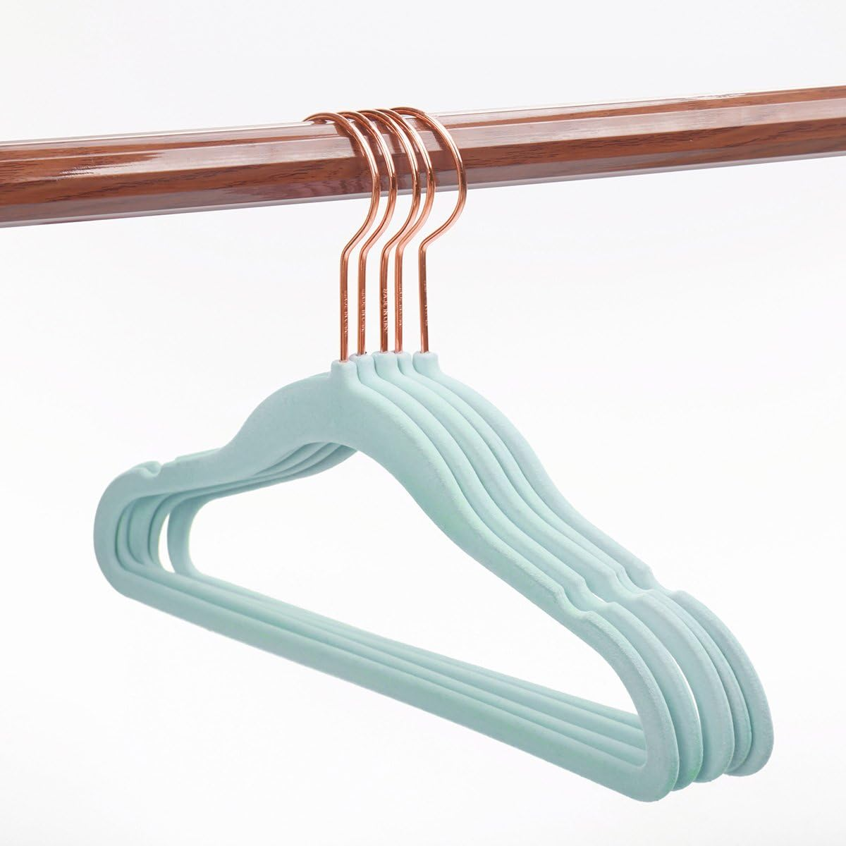 MIZGI Premium Kids Velvet Hangers (Pack of 50) with Copper/Rose Gold Hooks,Space Saving Ultra Thin,Non Slip Baby Hangers for Children'S Skirt Dress Pants,Clothes Hangers by (Blue) image number 4