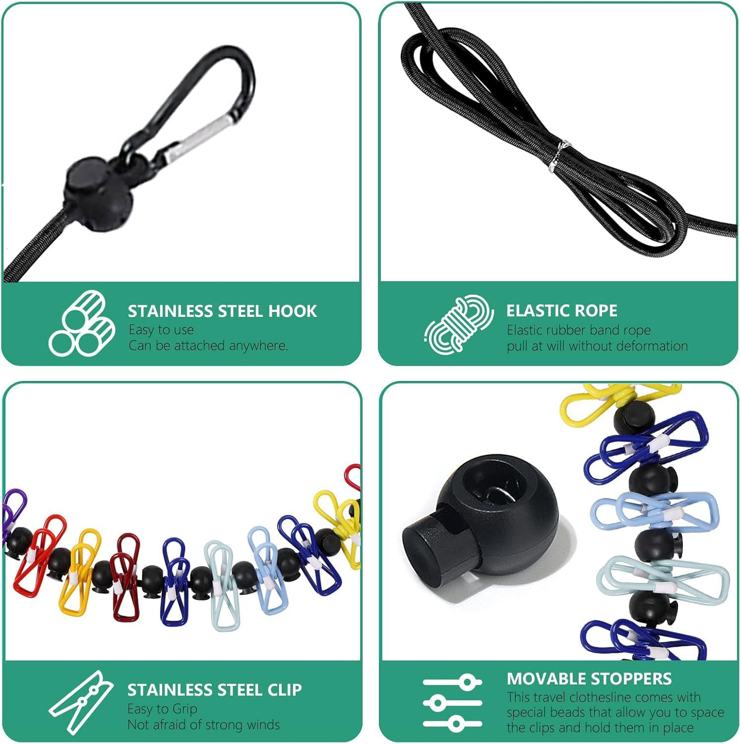 2 Pack Portable Clothesline with 12 Clothespins, Retractable Travel Windproof Clothesline with Climbing Clip, Suitable for Camping, Hotel Indoor and Outdoor Use(Blue) image number 3