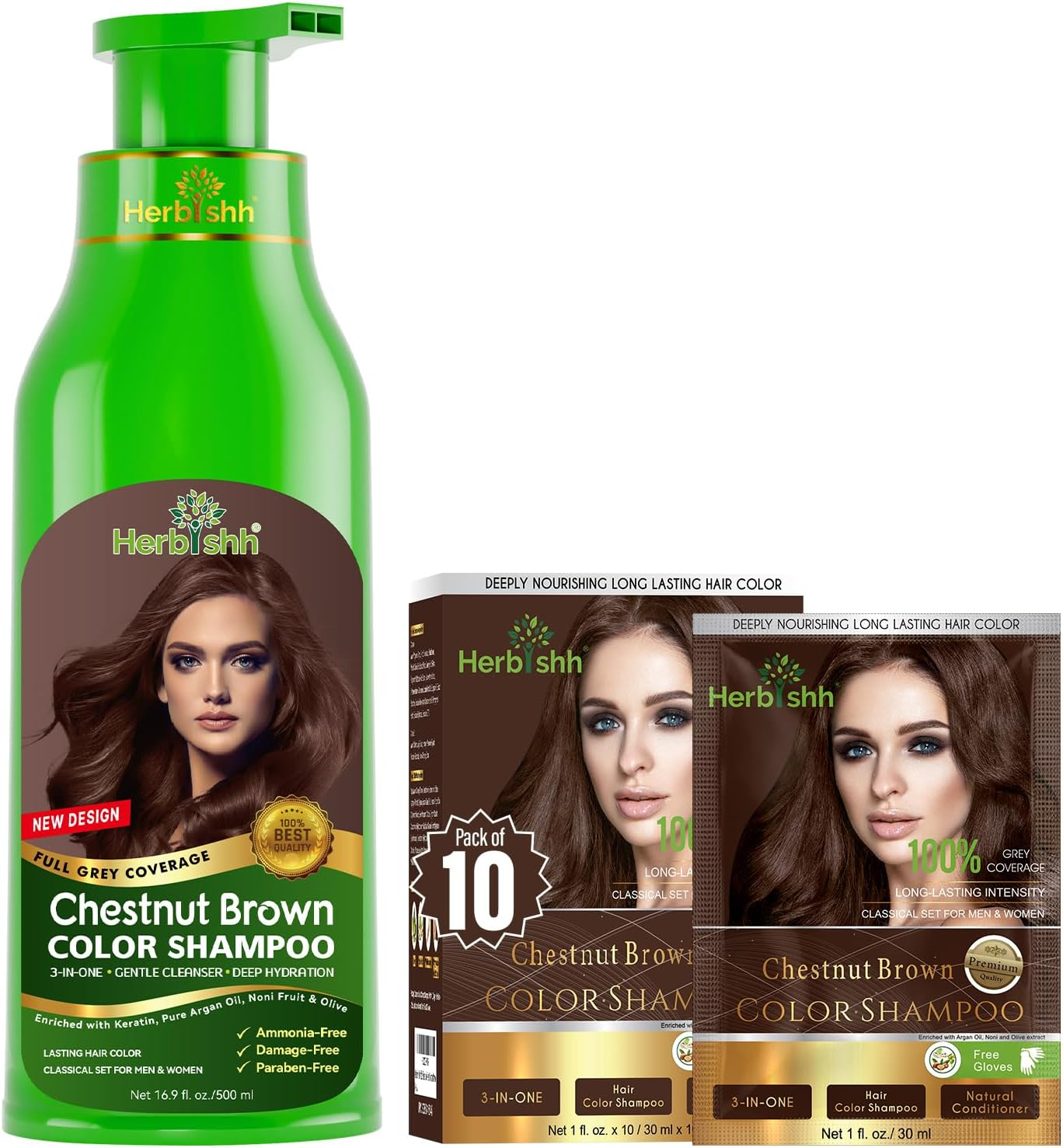 Herbishh Combo Chestnut Brown Hair Color Shampoo 500Ml + Hmask Pack of 5 + Chestnut Brown Travel Pouch &ndash; 3-In-1 Ammonia-Free Hair Dye, Cleanser & Conditioner &ndash; Long Lasting 3&ndash;4 Weeks &ndash; for Women & Men image number 1