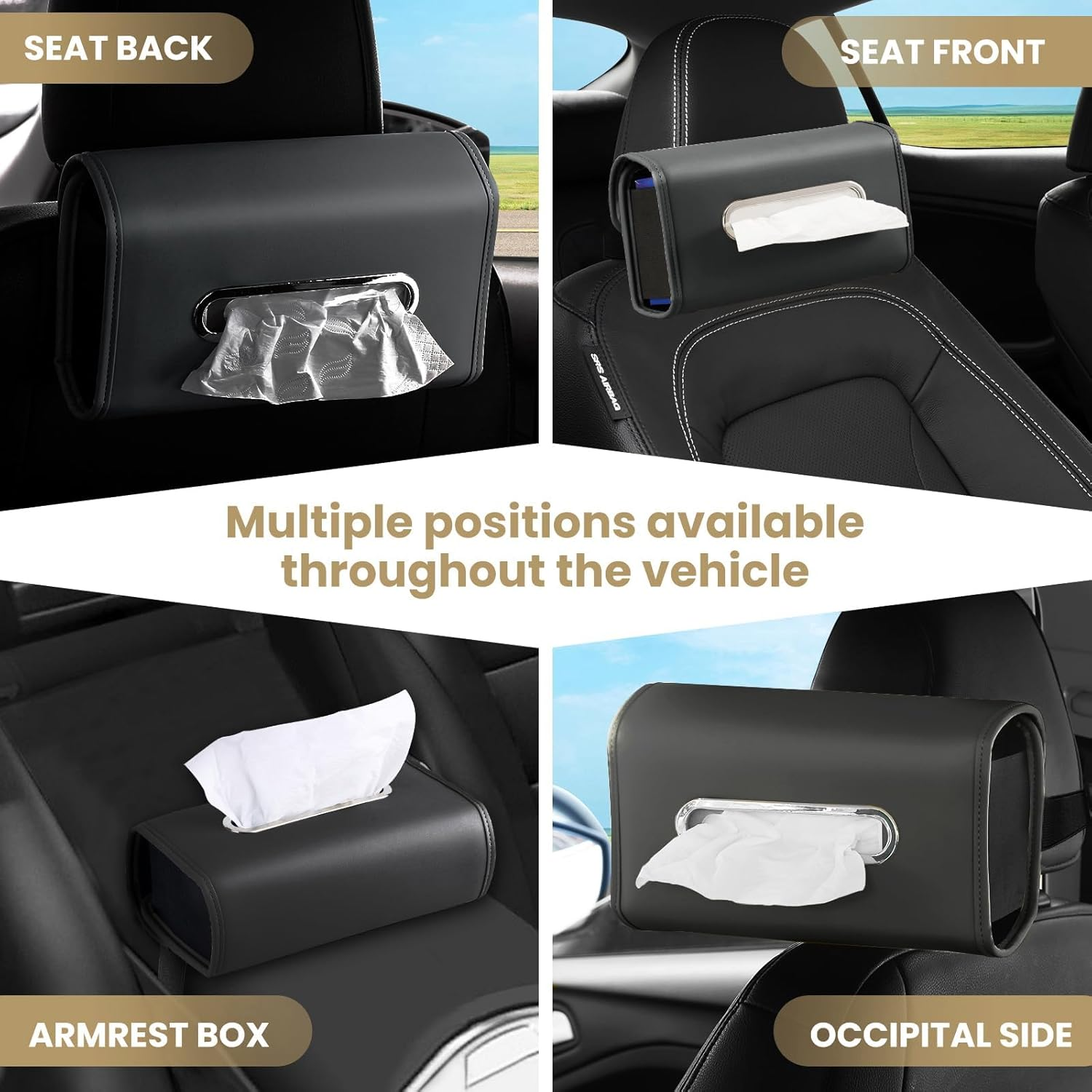 Car Essentials Set: Black PU Leather Tissue Holder (100-150 Tissues) + 2-Pack Magnetic Sunglasses Holders for Visor - Interior Automotive Accessories for Women, Keep Tidy image number 4