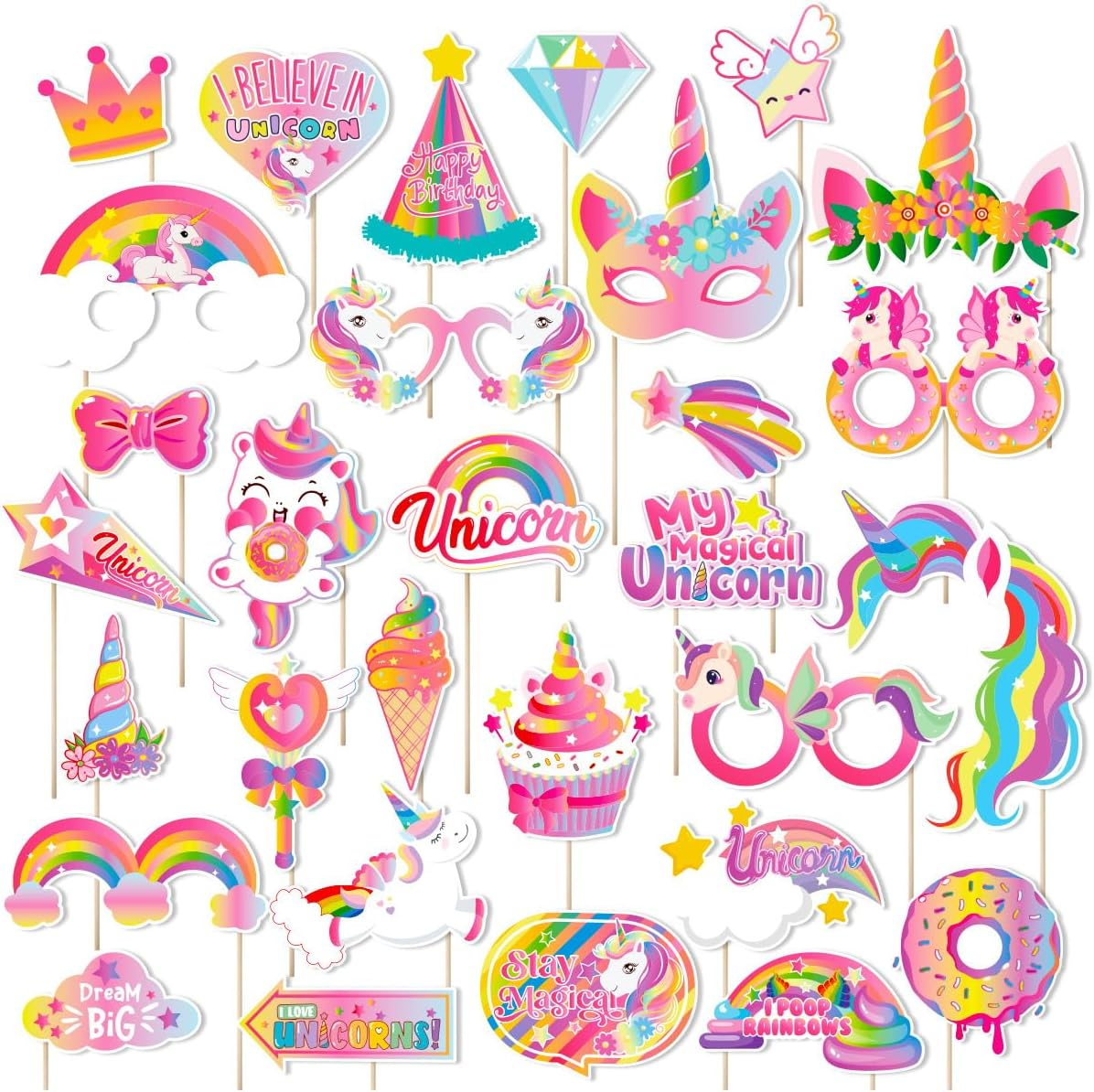Buziba 30Pcs Unicorn Photo Booth Props Rainbow Unicorn Theme Photo Boothprops Party Supplies for Birthday Party Favors Decorations