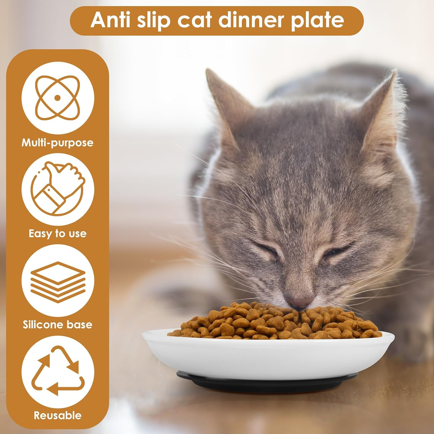 2/4Pcs Pet Plate, Raised Cat Food Bowl Ceramic Cat Dishes with Nonslip Silicone Base Pad Shallow Wide Kitten Bowls for Wet/Dry Food Indoor Pets (White 01)