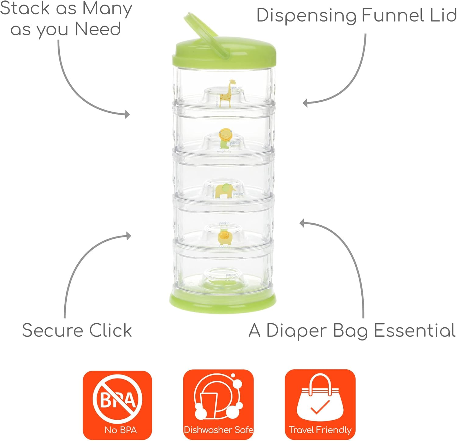 Innobaby Packin' Smart Stackable and Portable Storage System for Formula, Baby Snacks and More. 5 Stackable Cups in Lime Sorbet. BPA Free. image number 3