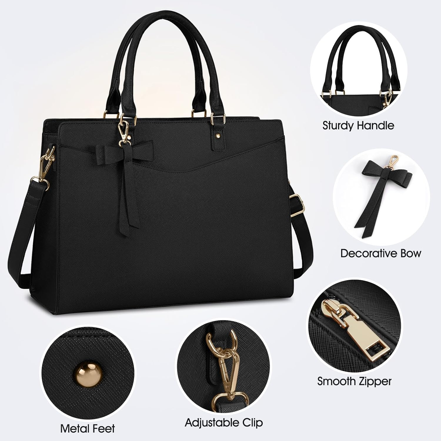 IGOLUMON Laptop Bag for Women 15.6 Inch PU Tote Bag Business Office Work Bag Waterproof Briefcase Computer Tote Lightweight Handbag Shoulder, Black image number 3