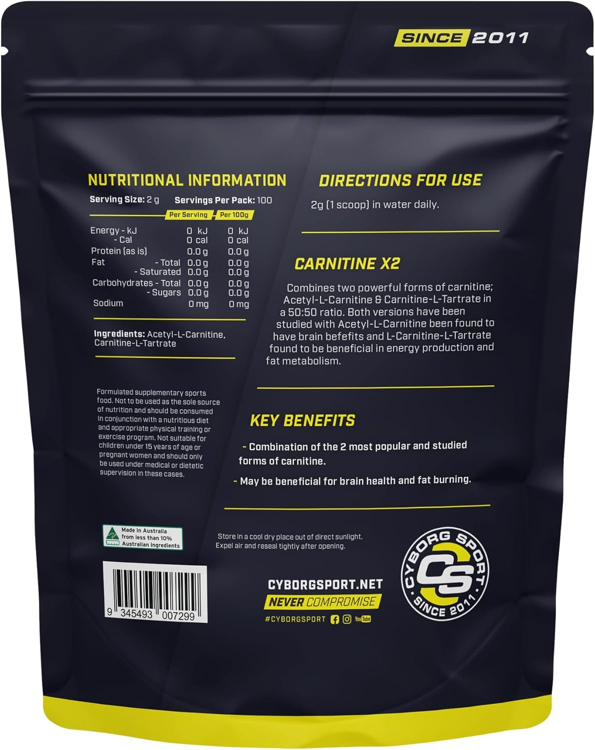 CARNITINE X2 200G - 100 Servings - "Acetyl-L-Carnitne & Carnitine-L-Tartrate" - Brain Health - Energy Production - Fat Burning by Cyborg Sport