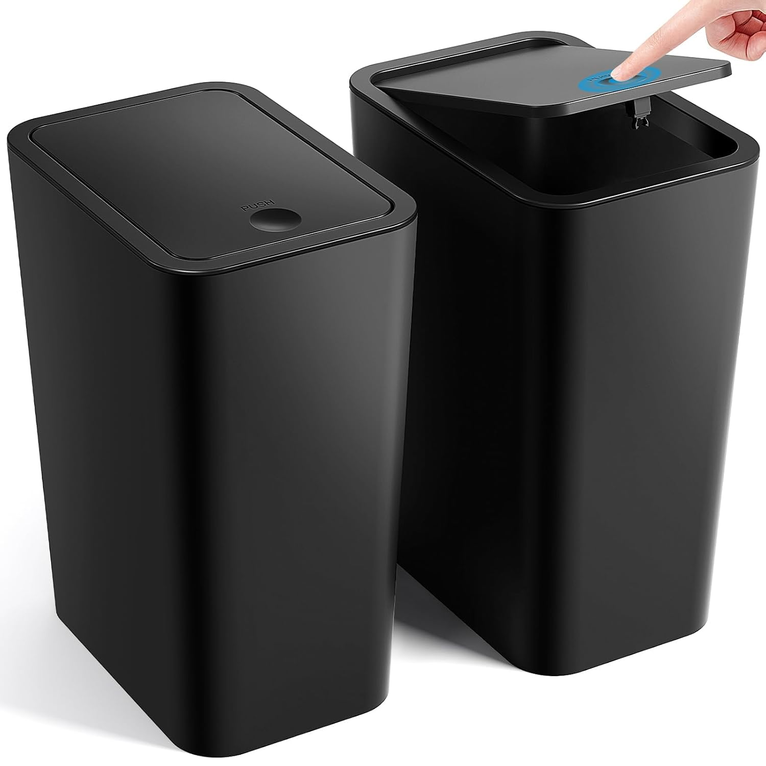 2 Pack Slim Space-Saving Trash Can with Press Top Lid, 12L Durable Plastic Garbage Bin for Kitchen, Bathroom, RV, Office, Small Container Wastebasket for Narrow Spaces (White)