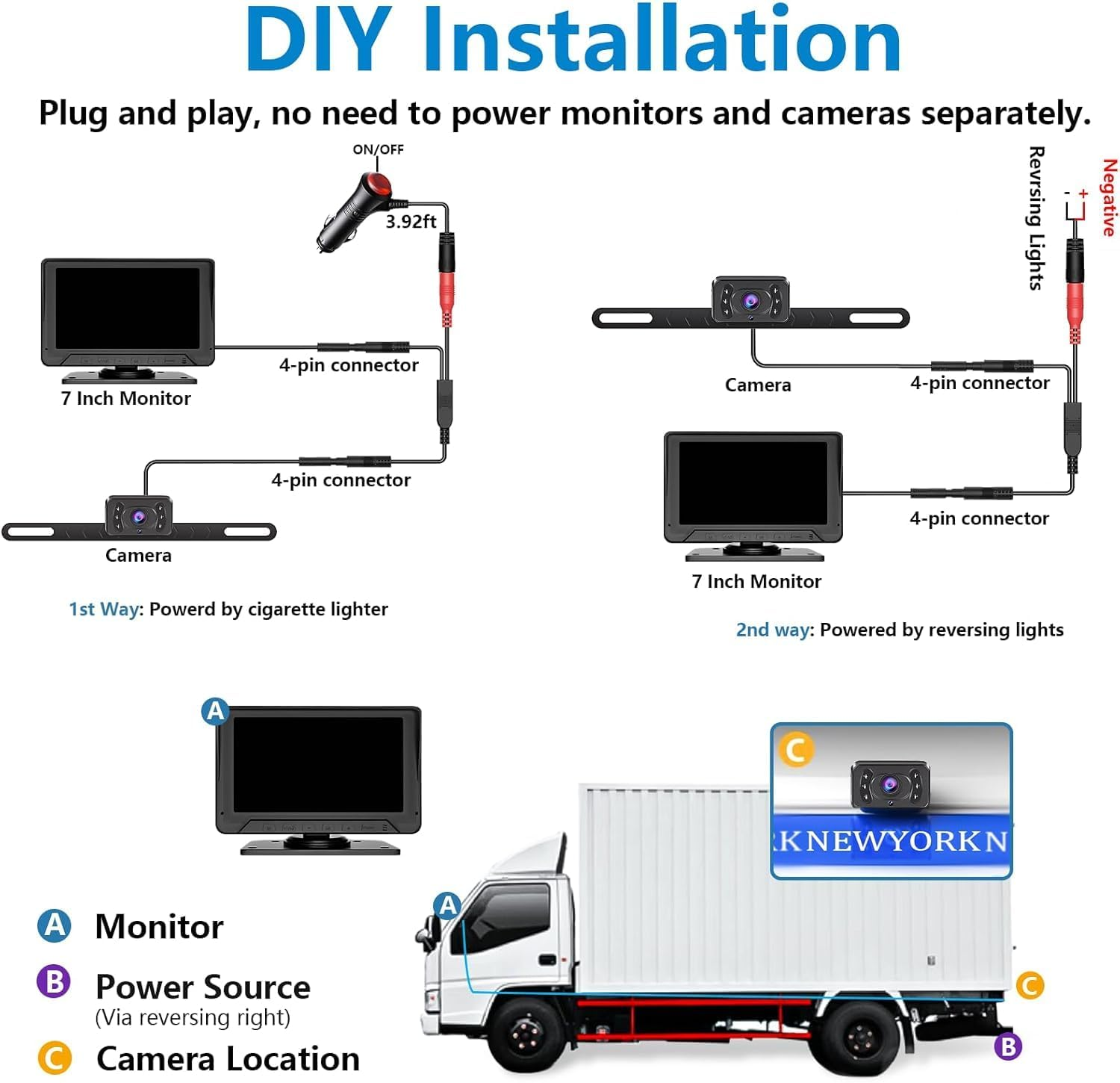 7Inch Monitor with IP69 Waterproof Night Vision Backup Camera Easy to Install,Hd 1080P Delay Free Picture Quality Suitable for Cars, Trucks Suvs Etc. image number 3