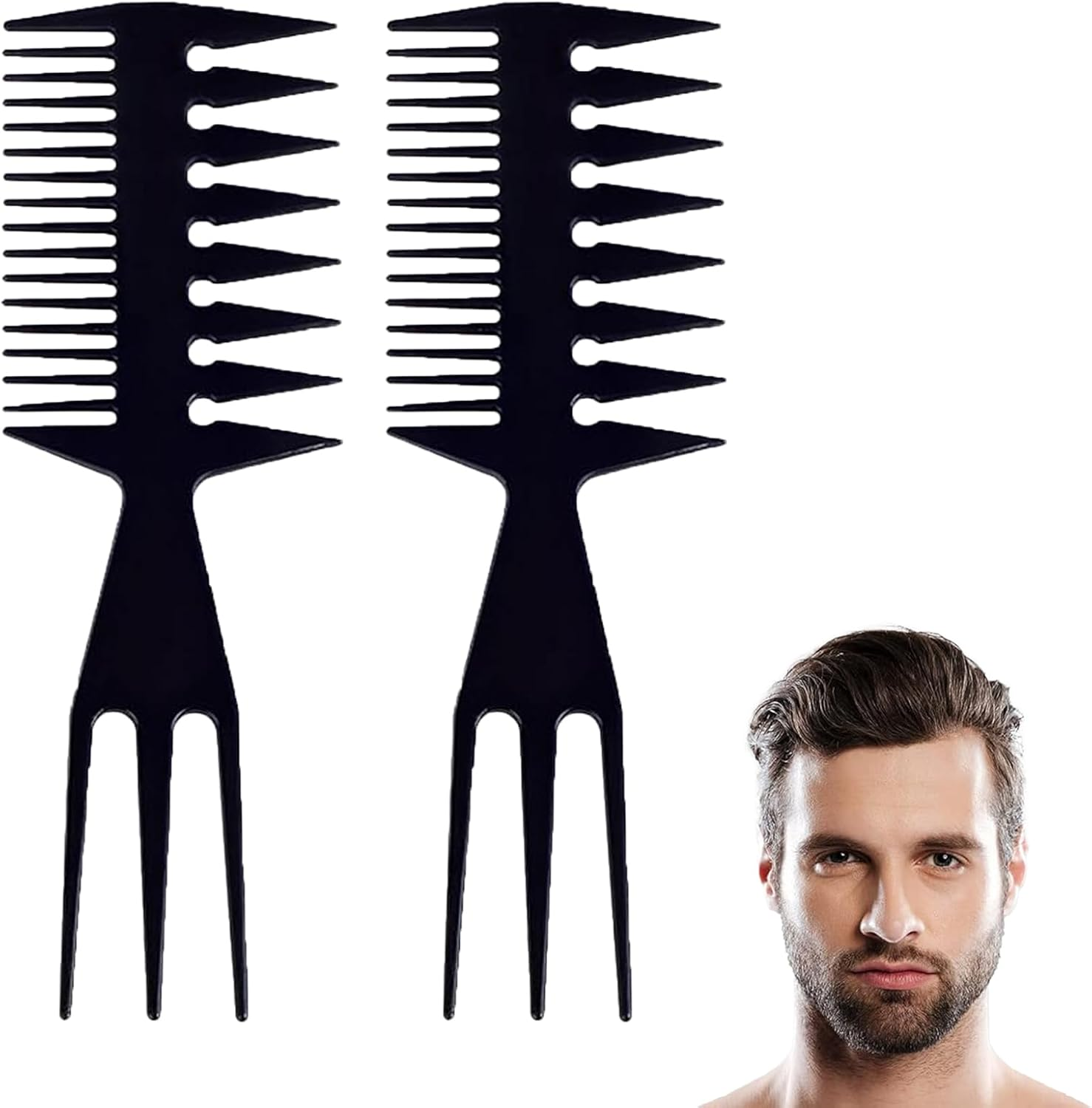 Pack of 2 3-In-1 Plastic Combs, Antistatic Double Sided Detangling Wide Tooth Comb Side Parting Professional Retro Hairstyle Comb Styling Tool image number 2