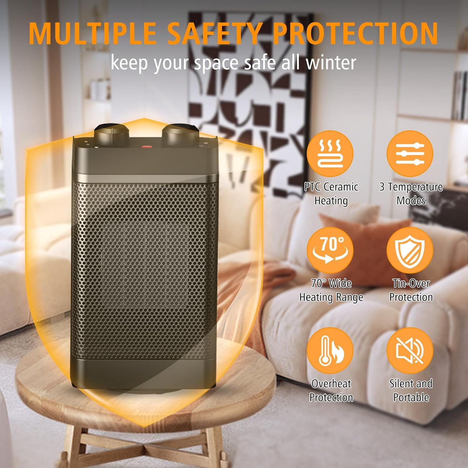 Electric Heater, Fan Heatet, Heaters for Home Low Energy Silent, 3-Mode Oscillating PTC Ceramic Electric Space Heater, Overheating & Tip-Over Protection, Space Heater for Office, Home,Bedroom (Black)