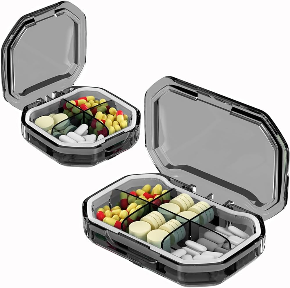 2 Pack Small Pill Box Pill Case Pill Organizer Travel Waterproof Pocket Pill Box Medicine Organizer Daily Pill Container for Purses, Compact Medicine Holder for Vitamins (6+4 Compartment) (Grey) image number 3