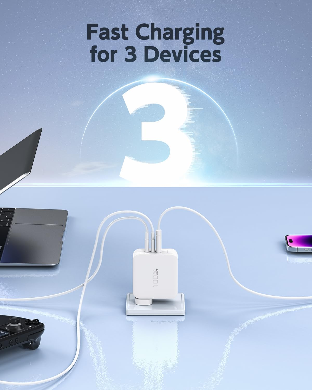 100W USB C Charger 3-Port Gan Fast Charger Wall Adapter Compatible with Macbook Pro Air, Ipad Mini Pro, Iphone 14 Pro, Galaxy, Lenovo Hp Dell Laptop Type C PD Charging Station Power AU Plug image number 3