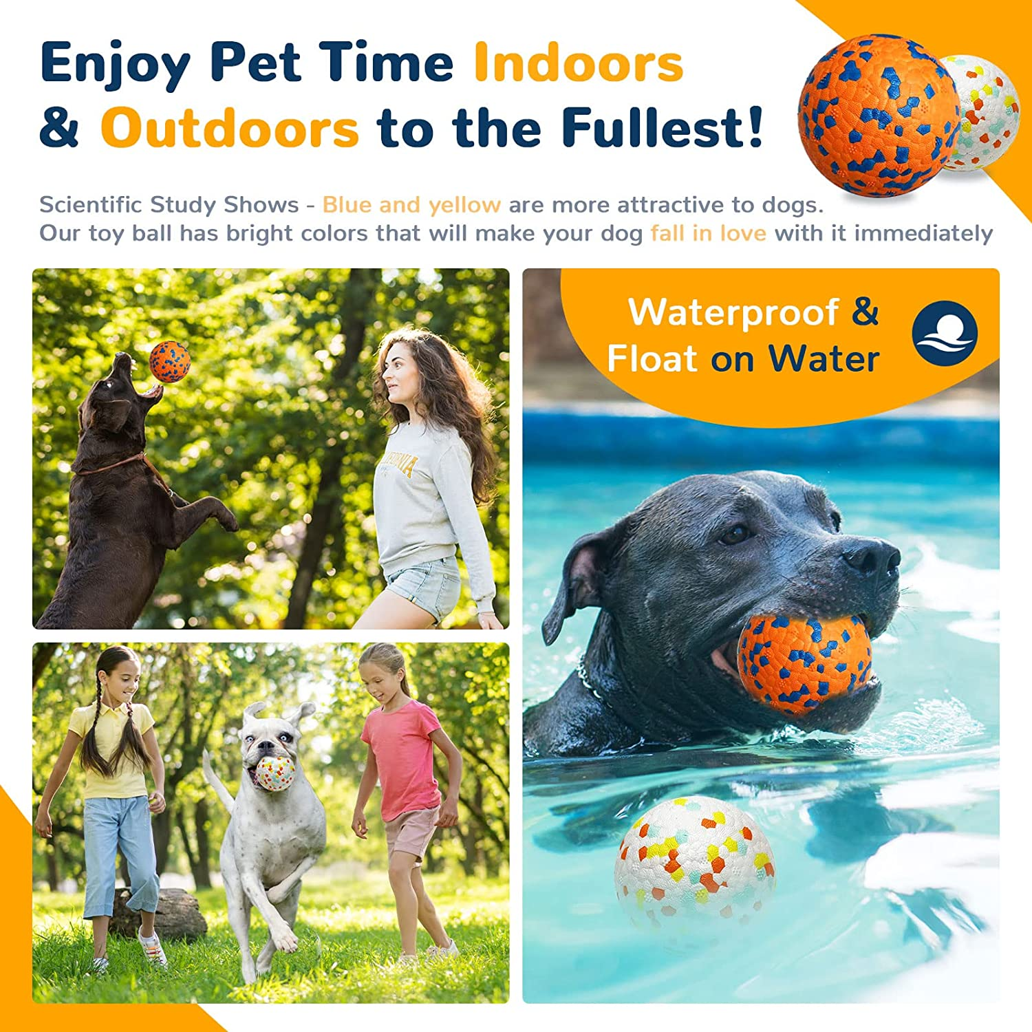 Petcare 2 Pack Dog Balls Toys for Aggressive Chewers Indestructible Tennis Balls for Medium Large Dogs Water Toy Chew Balls Tough Durable Big Dog Toys Bouncing Ball for Dogs to Fetch, Orange+White image number 4