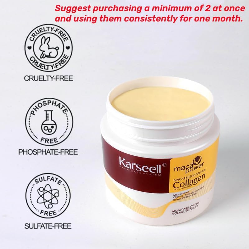 Hair Mask Karseell Deep Conditioner Coconut Oil Collagen Repair Dry Damaged or Colour Treated Hair after Shampoo for All Hair Types Sulphate Free 16.9 Fl Oz/ 500 Ml image number 5