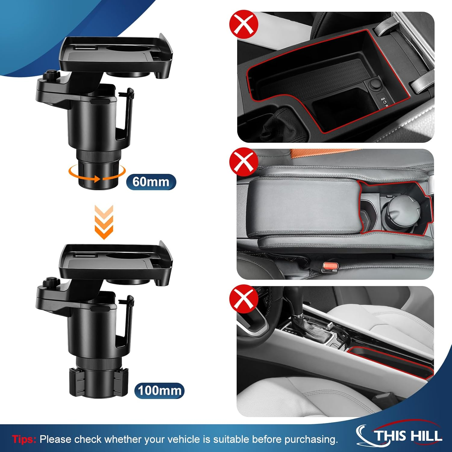 This Hill Cup Holder Tray for Car, 2 in 1 Detachable Car Food Table Tray with Solid Base & Phone Slot,Car Cup Holder Expander with 360&deg;Rotation Tray for Travel Road Essentials Accessories image number 5