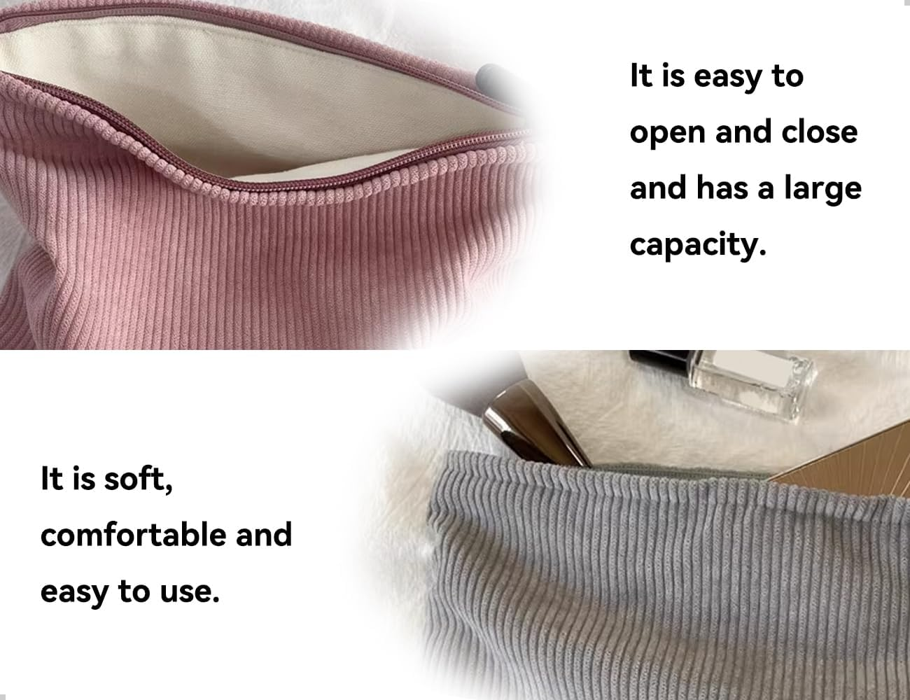 Emezddo Pack of 2 Cosmetic Bags, Portable Corduroy Women Girls Makeup Bag, Small Travel Make up Bag with Zip, Used for Travel, Home, Office, Skincare (Grey and Pink) image number 4